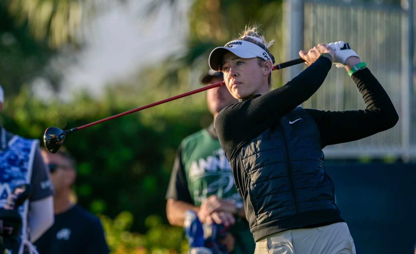 Nelly Korda watches her drive on the first hole during the first round of The Annika golf tournament at Pelican Golf Club, Thursday, Nov. 14, 2024, in Belleair, Fla. (AP Photo/Steve Nesius)