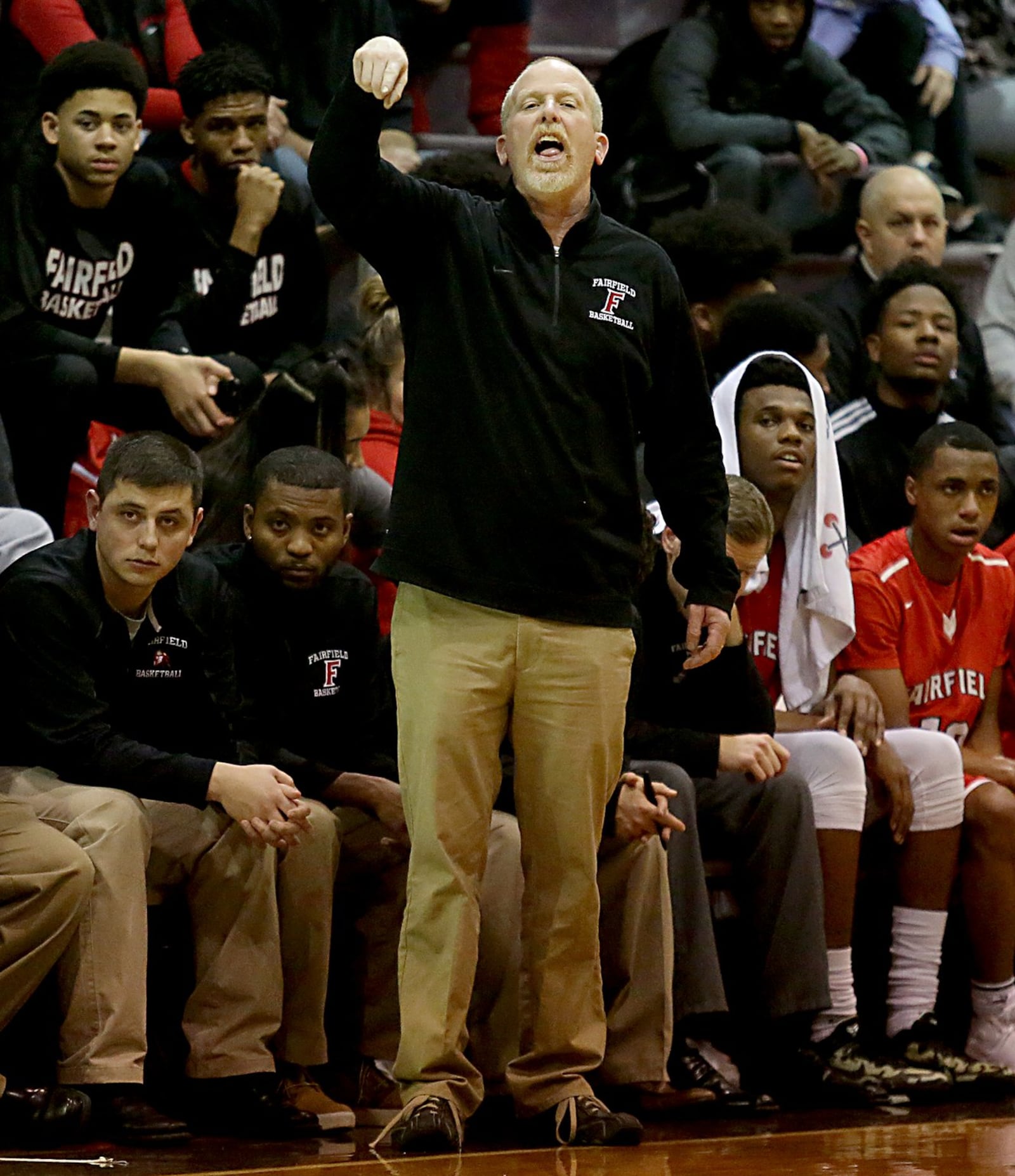 Fairfield coach Jeff Sims calls a play during a road game against Middletown at Wade E. Miller Gym on Jan. 3, 2017. CONTRIBUTED PHOTO BY E.L. HUBBARD