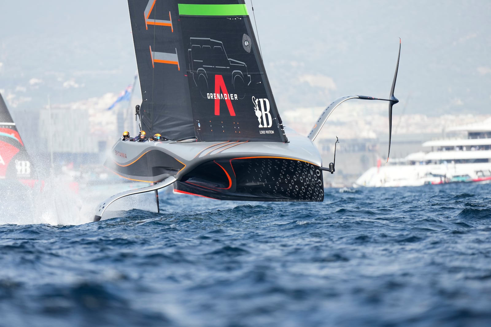 Ineos Britannia races during the Louis Vuitton 37th America's Cup Day 2 race in Barcelona, Spain, Sunday, Oct. 13, 2024. (AP Photo/Bernat Armangue)