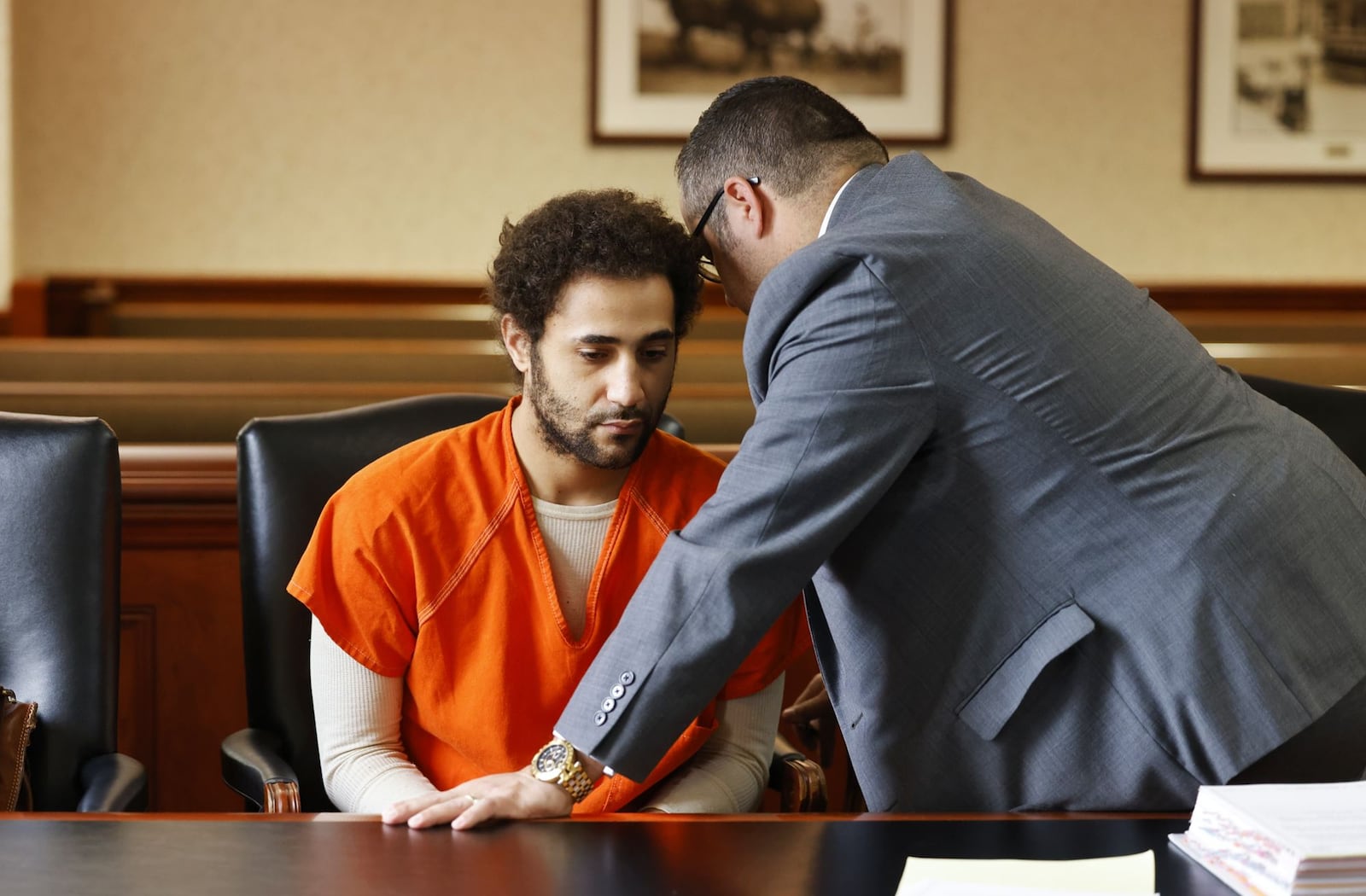 Miguel Wesley Galliher, left, appears with attorney Frank Schiavone IV for a pre-trial hearing Wednesday, April 20, 2022, in Butler County Common Pleas Court for murder and felonious assault in connection with the shooting death of Robert Strong during a shooting at LugNutz bar and grill on Donald Drive in Fairfield in 2021. NICK GRAHAM / STAFF