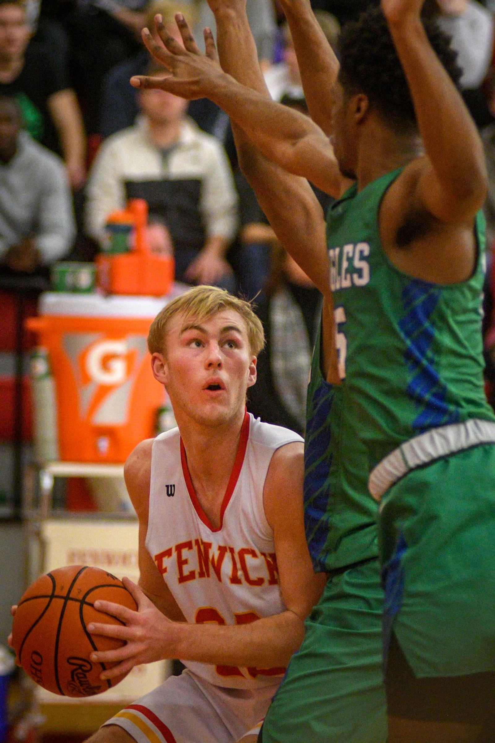 Fenwick’s C.J. Napier finds himself looking up into the Chaminade Julienne defense Friday night in Middletown. The visiting Eagles won 68-63 in double overtime. ROB MCCULLEY/RAM PHOTOGRAPHY