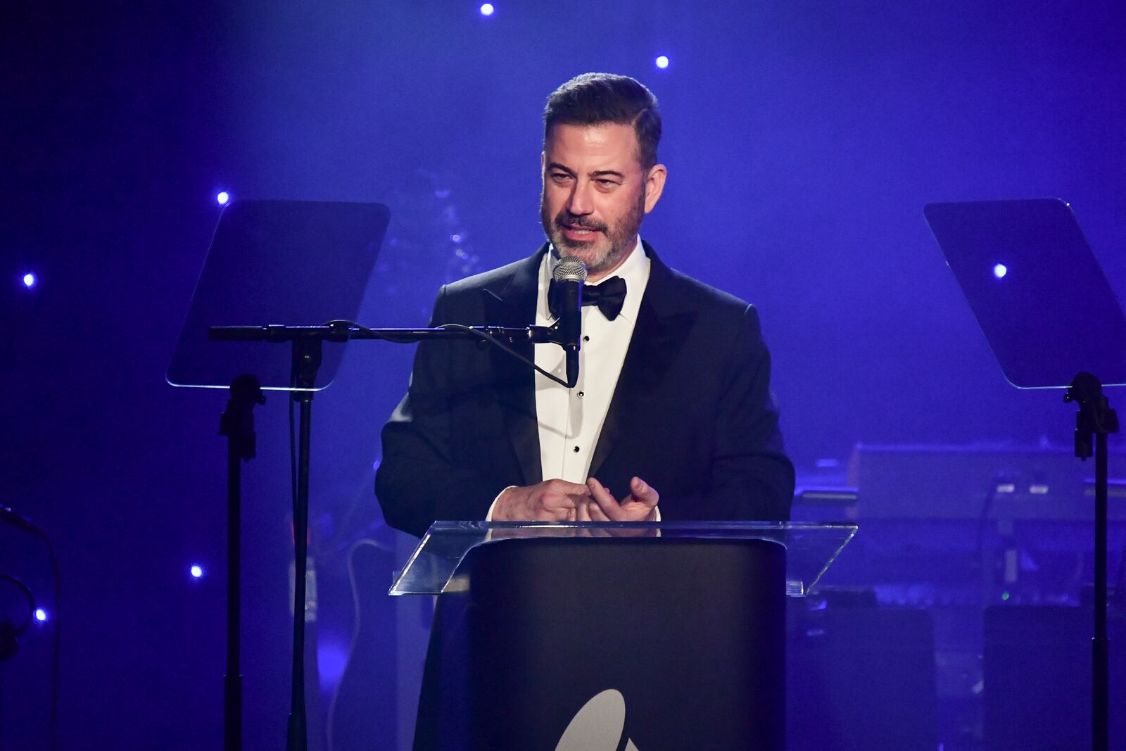 Jimmy Kimmel speaks during the Pre-Grammy Gala on Saturday, Feb. 1, 2025, at the Beverly Hilton Hotel in Beverly Hills, Calif. (Photo by Richard Shotwell/Invision/AP)