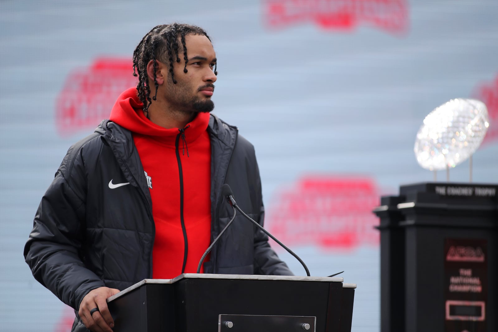 Ohio State wide receiver Emeka Egbuka gives a speech during the National Championship celebration at Ohio Stadium in Columbus, Ohio, Sunday, Jan. 26, 2025. (AP Photo/Joe Maiorana)