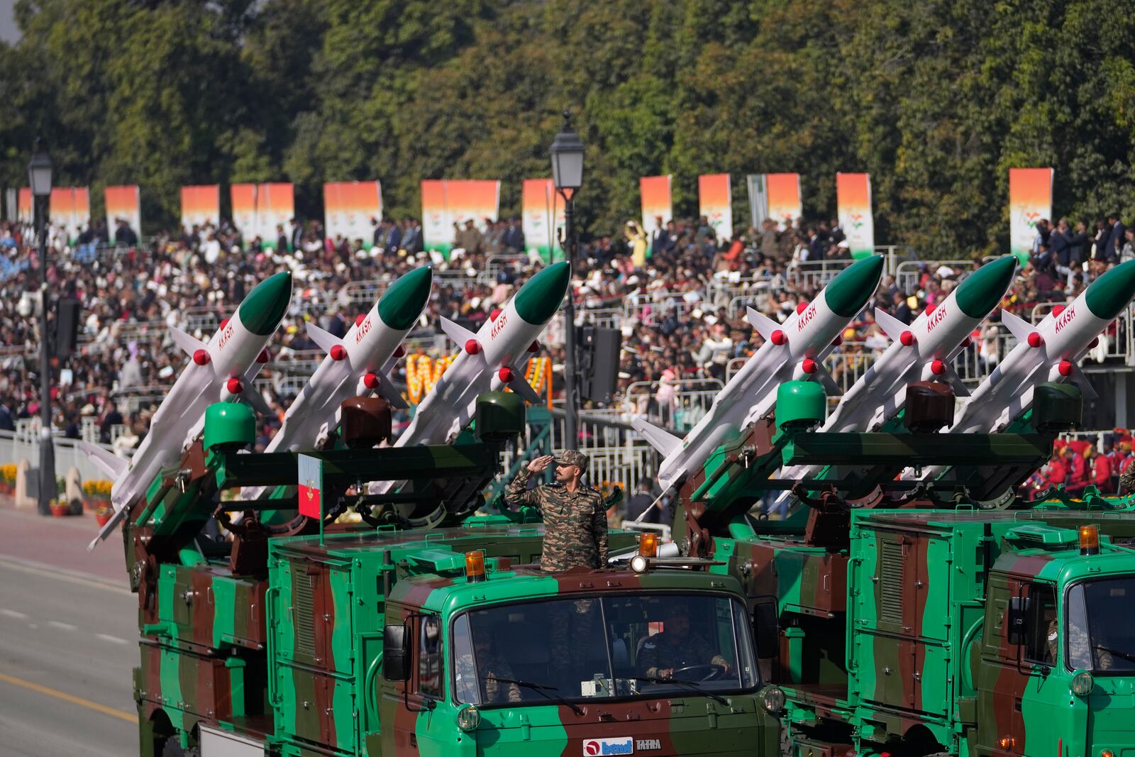 Indian defense forces march through the ceremonial Kartavya Path boulevard during India's Republic Day parade celebrations in New Delhi, India, Sunday, Jan. 26, 2025. (AP Photo/Channi Anand)