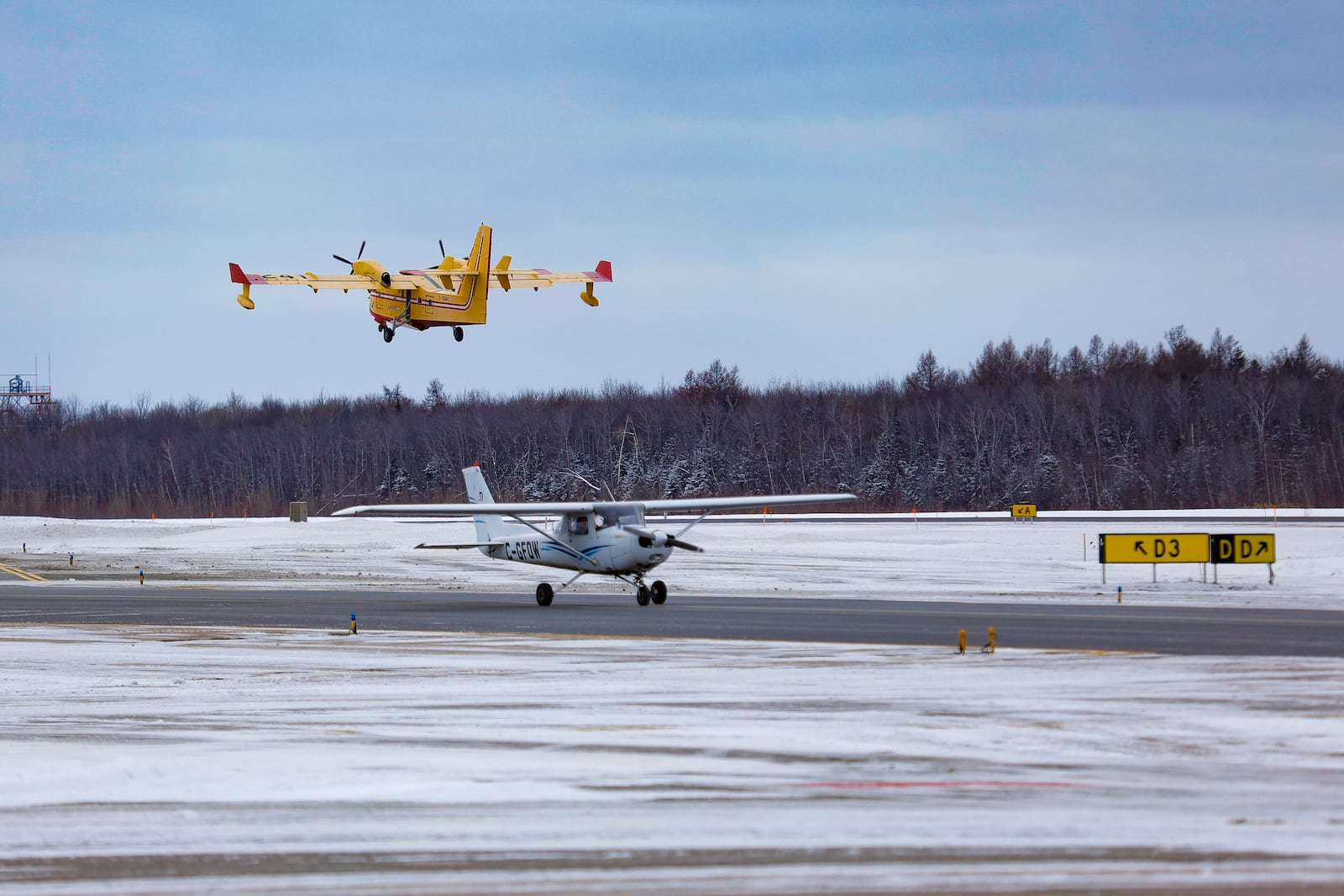 A SOPFEU CL-415 is taking off to help in the California wildfires at the Quebec City airport, Wednesday, Jan. 15, 2025. (Francis Vachon/The Canadian Press via AP)