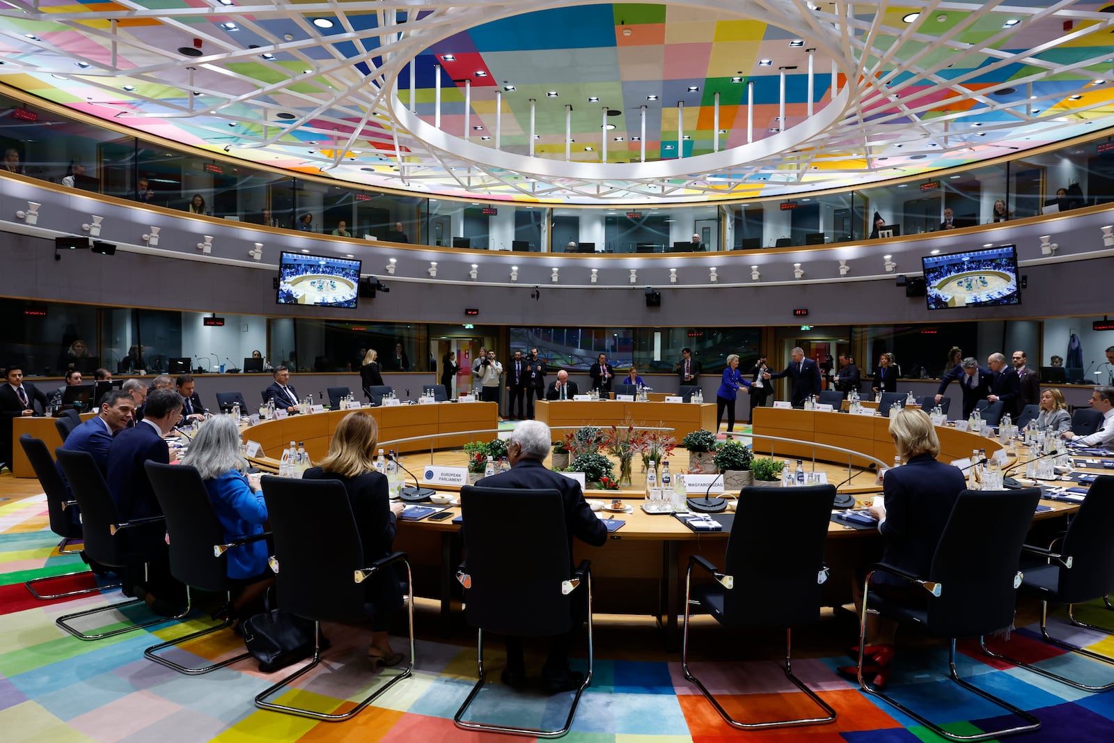 European Union leaders meet for a round table meeting at an EU summit in Brussels, Thursday, Dec. 19, 2024. (AP Photo/Omar Havana)