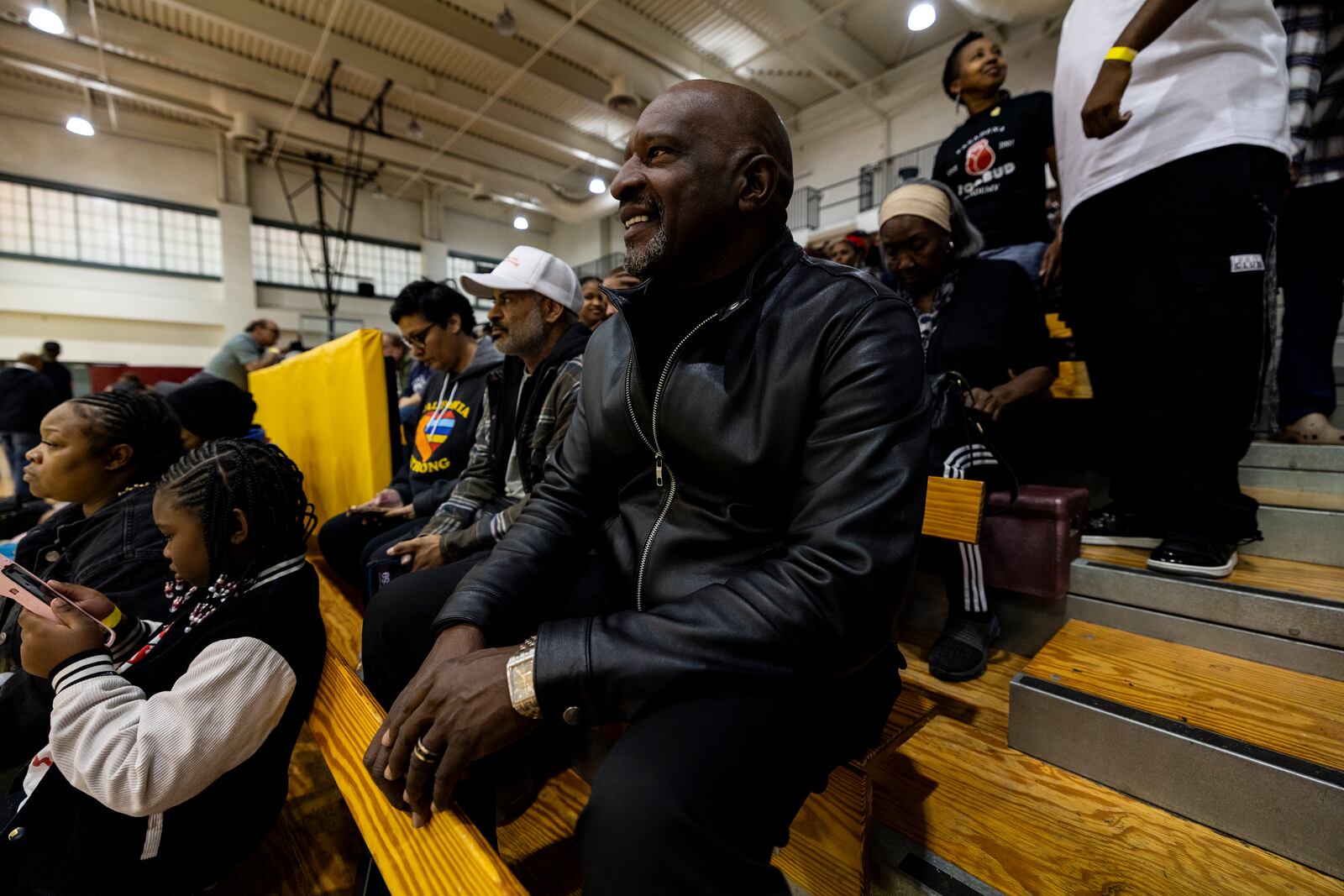 Pastor Charles Johnson attends an event at the gymnasium of Pasadena City College during which The Change Reaction will be handing out about 1,000 checks of between $2,500-$5,000 to people impacted by the Eaton Fire, Tuesday, Jan. 28, 2025 in Pasadena, Calif. (AP Photo/Etienne Laurent)