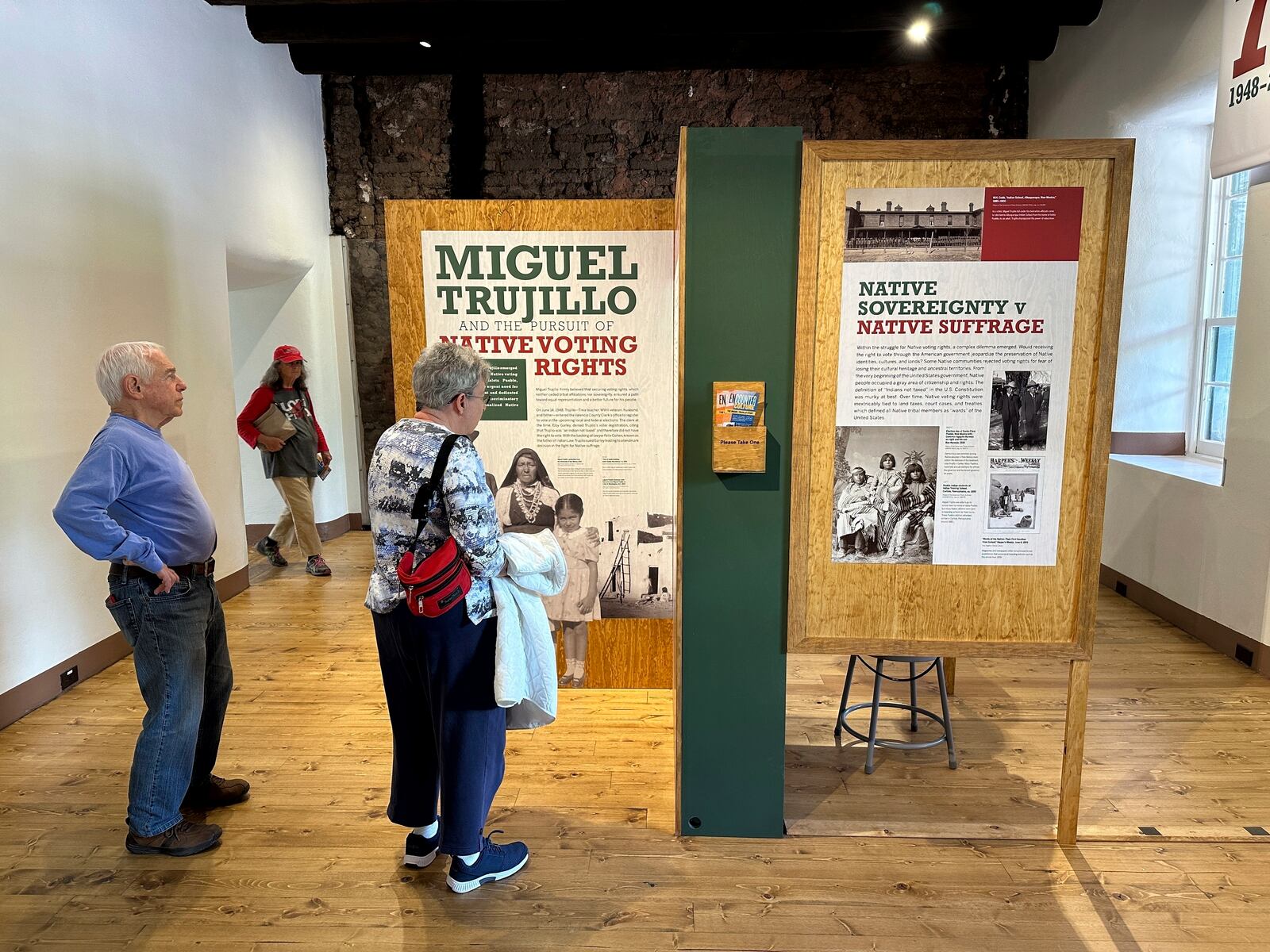 FILE - An exhibit at the New Mexico History Museum in Santa Fe, N.M., on Friday, May 17, 2024, recounts the life and times of voting rights pioneer Miguel Trujillo of Isleta Pueblo, who in 1948 successfully challenged New Mexico's ban on voting by Native Americans. (AP Photo/Morgan Lee, File)