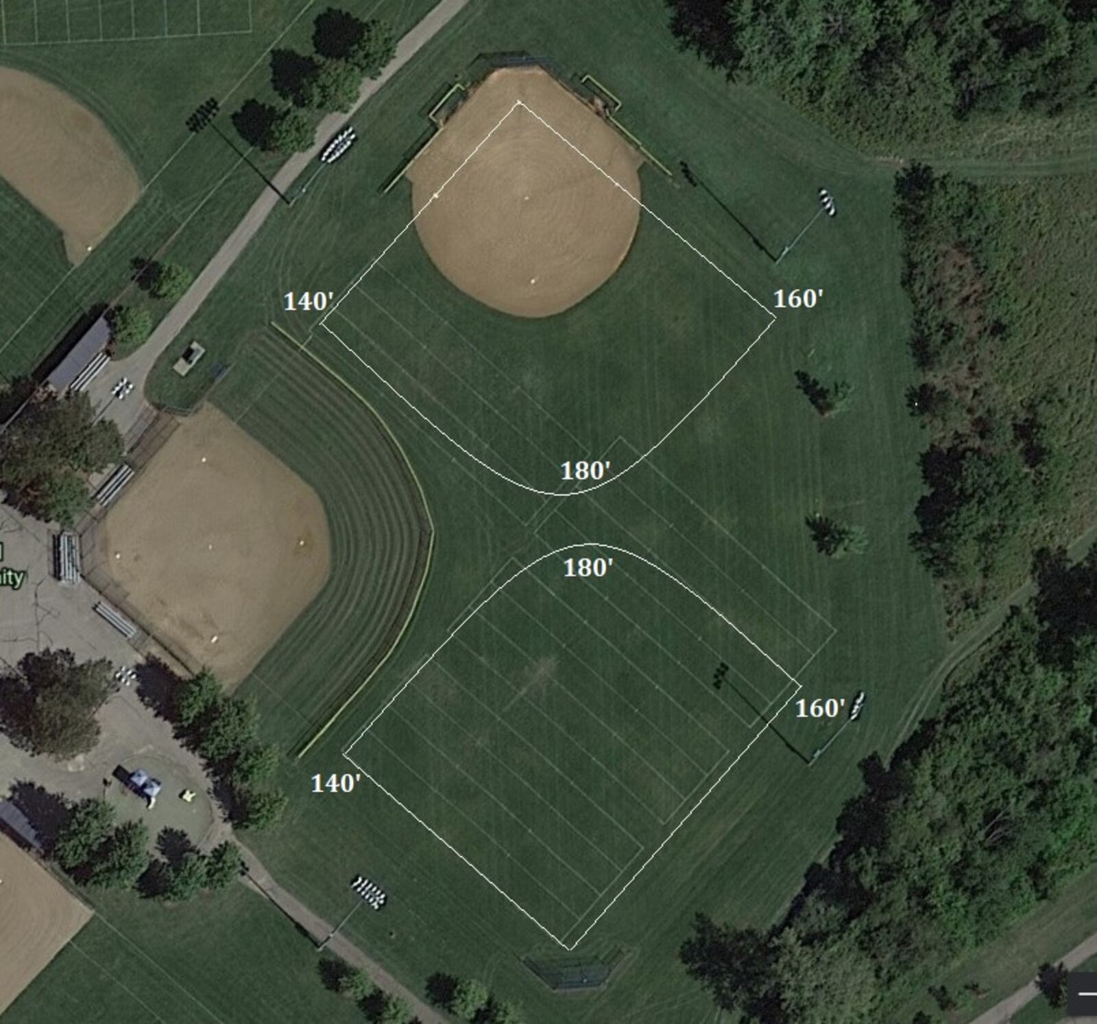 The renovation project for Field 4 at the Oxford Community Park will see three fields for youth baseball and softball created from the one field which was originally part of the park design. This shows how the field will be laid out and the distances to the outfield fences. CONTRIBUTED