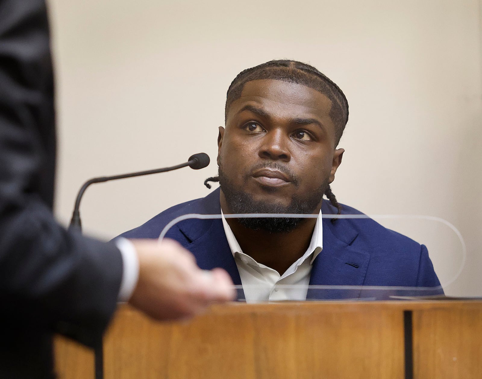 New England Patriots safety Jabrill Peppers, who admitted to cocaine possession, testifies during his domestic violence trial, Thursday, Jan. 23, 2025, in Quincy District Court in Quincy, Mass. (Greg Derr/The Patriot Ledger via AP, Pool)