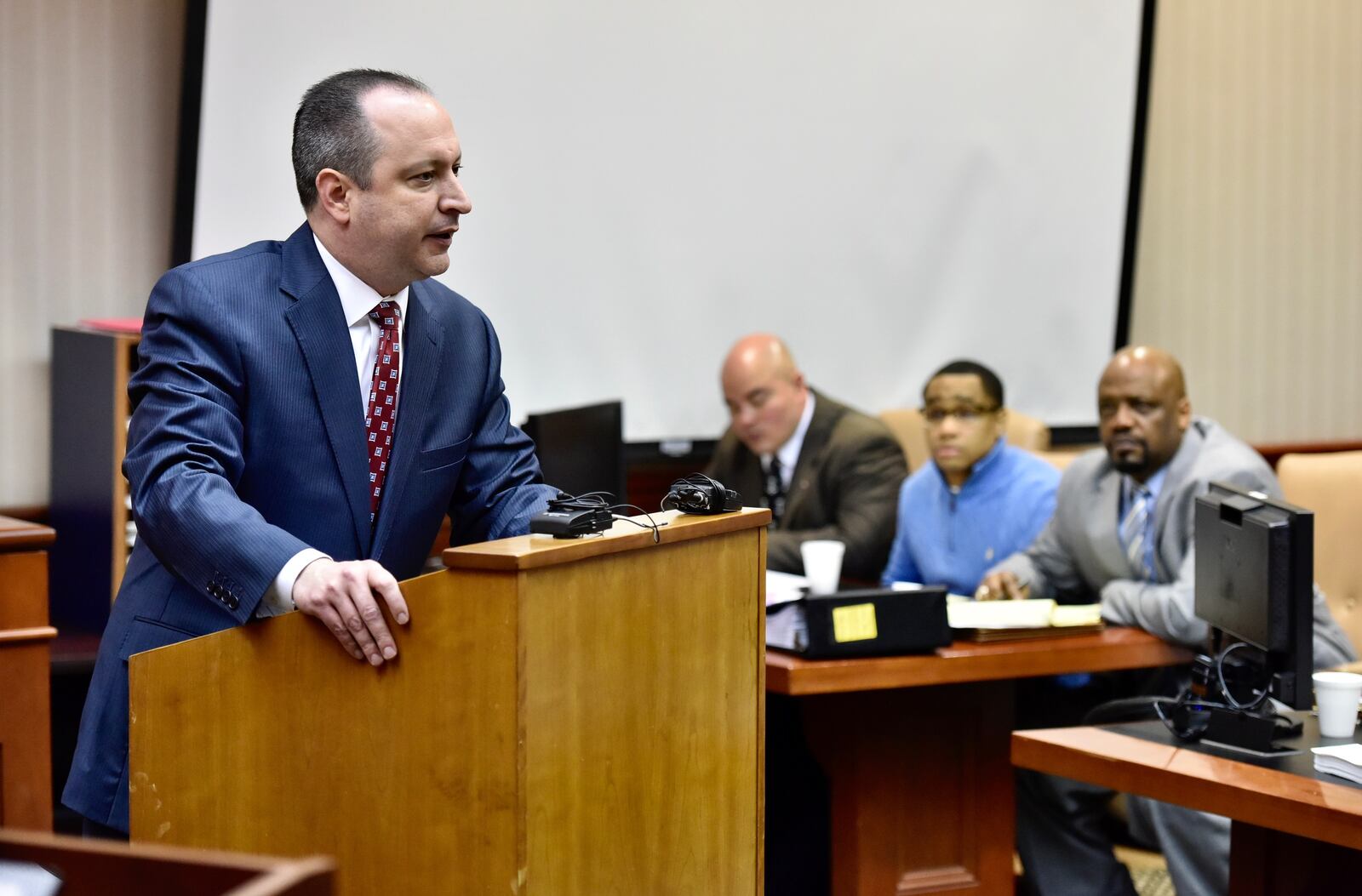 Brad Burress, Butler County assistant prosecutor gives opening statements Wednesday morning in the death penalty trial of Michael Grevious II. NICK GRAHAM/STAFF