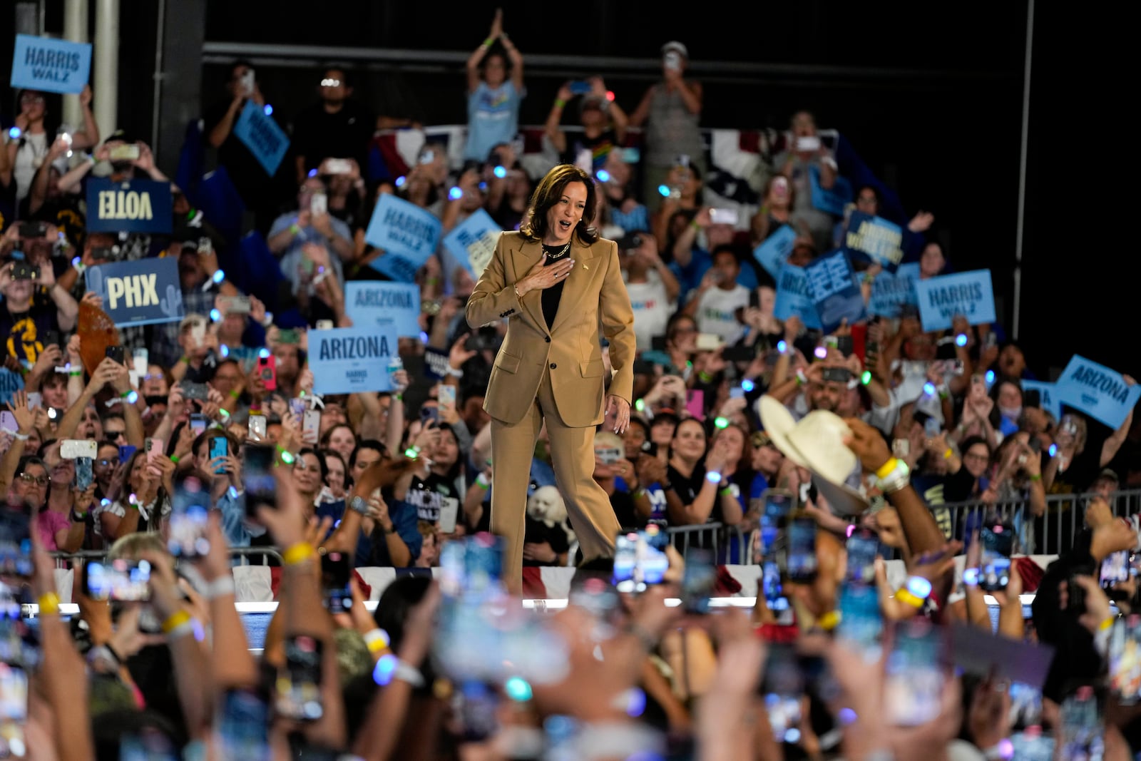 FILE - Democratic presidential nominee Vice President Kamala Harris arrives to speak Thursday, Oct. 10, 2024, on the Gila River Indian Community reservation in Chandler, Ariz. (AP Photo/Matt York, File)