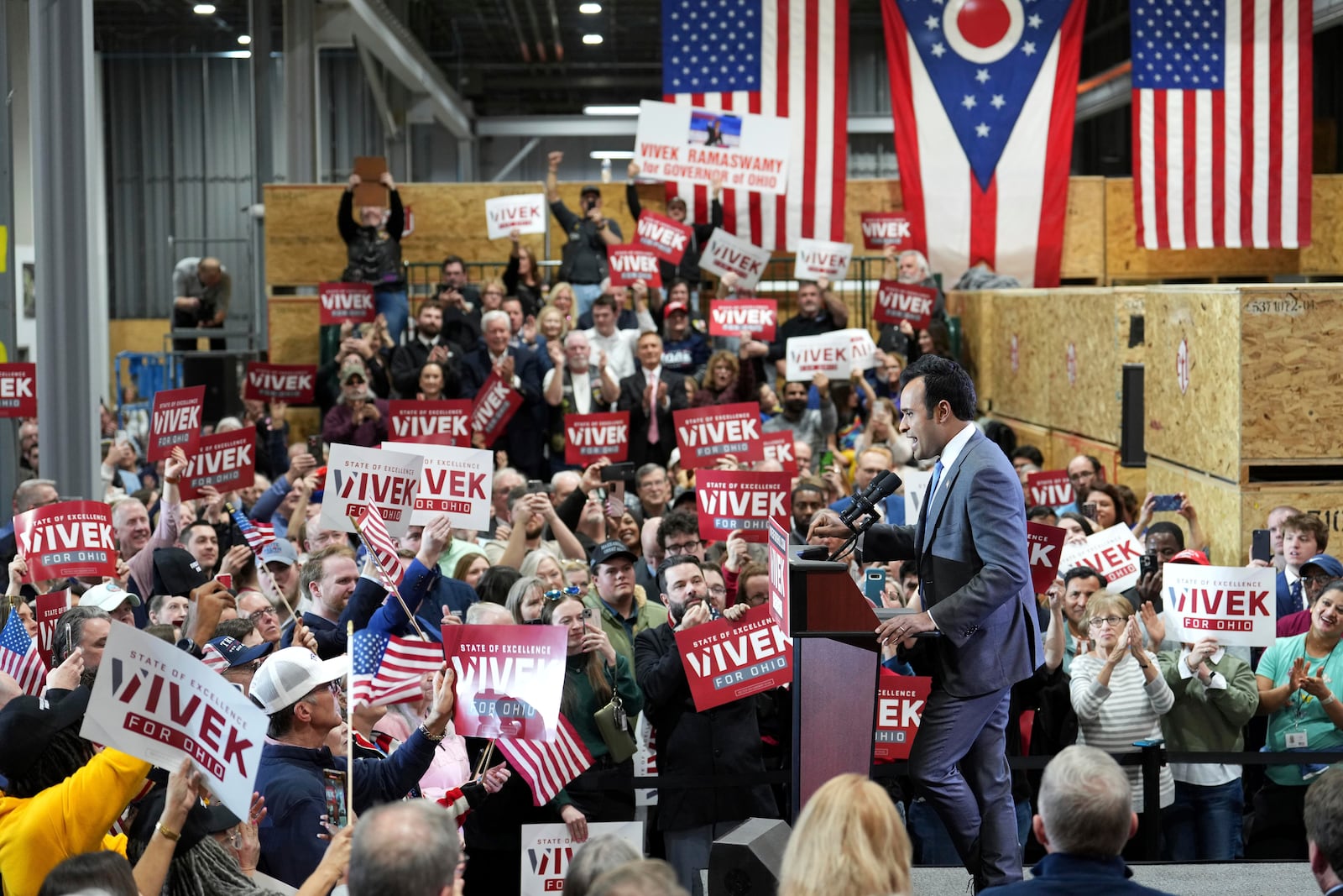 Vivek Ramaswamy announces his candidacy for Ohio governor, Monday, Feb. 24, 2025, in West Chester Township, Ohio. (AP Photo/Kareem Elgazzar)