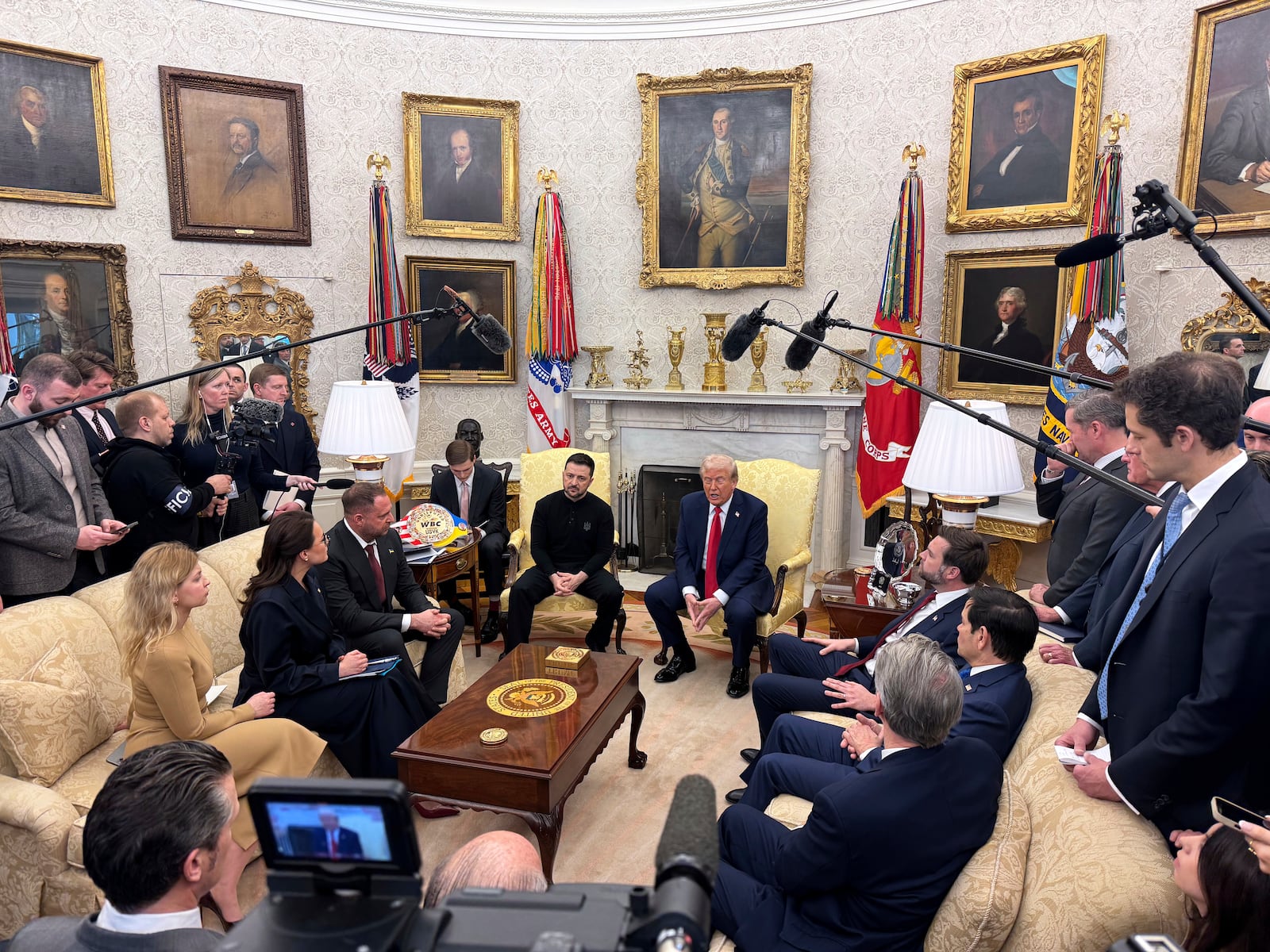 President Donald Trump meets with Ukraine President Volodymyr Zelenskyy in the Oval Office at the White House in Washington, Friday, Feb. 28, 2025. (AP Photo/Mstyslav Chernov)