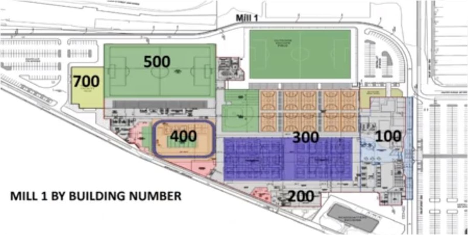 Here's a diagram of the Spooky Nook "Mill 1," which will be primarily used as the sports complex, with convention-center abilities. It is the part of the former Champion Paper mill complex located west of B Street. Mill 2, between the Great Miami River and B Street, will house a hotel, reception areas and retail spaces. PROVIDED