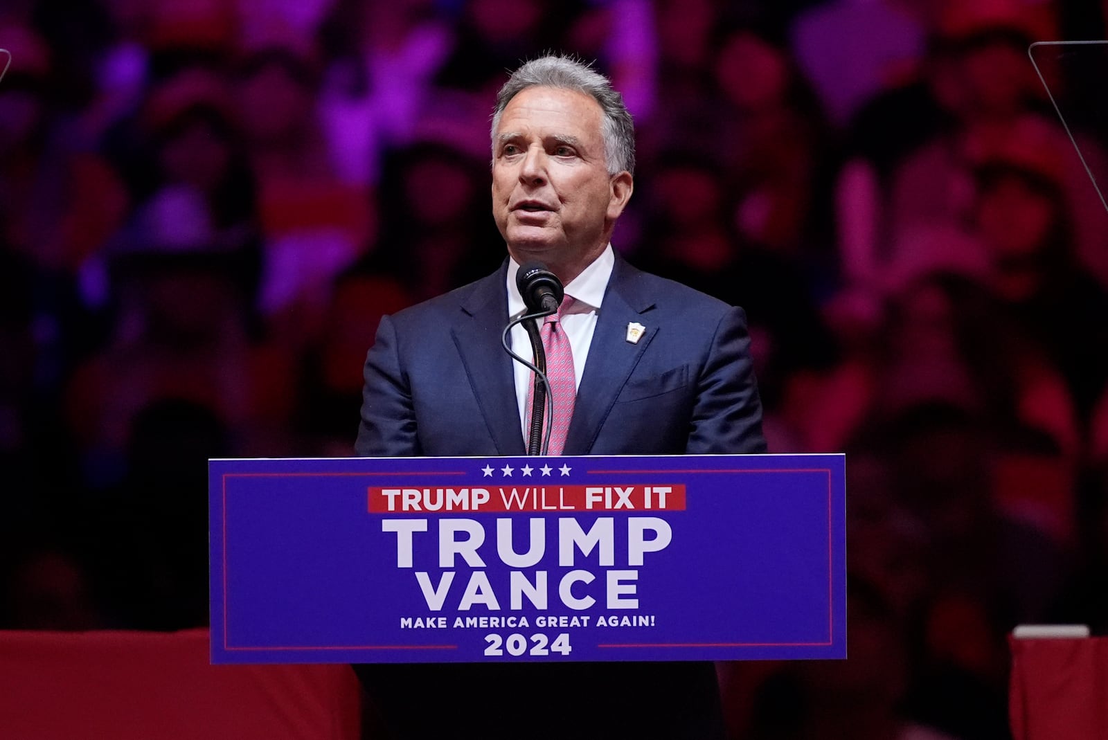 Steve Witkoff speaks before Republican presidential nominee former President Donald Trump at a campaign rally at Madison Square Garden, Sunday, Oct. 27, 2024, in New York. (AP Photo/Evan Vucci)