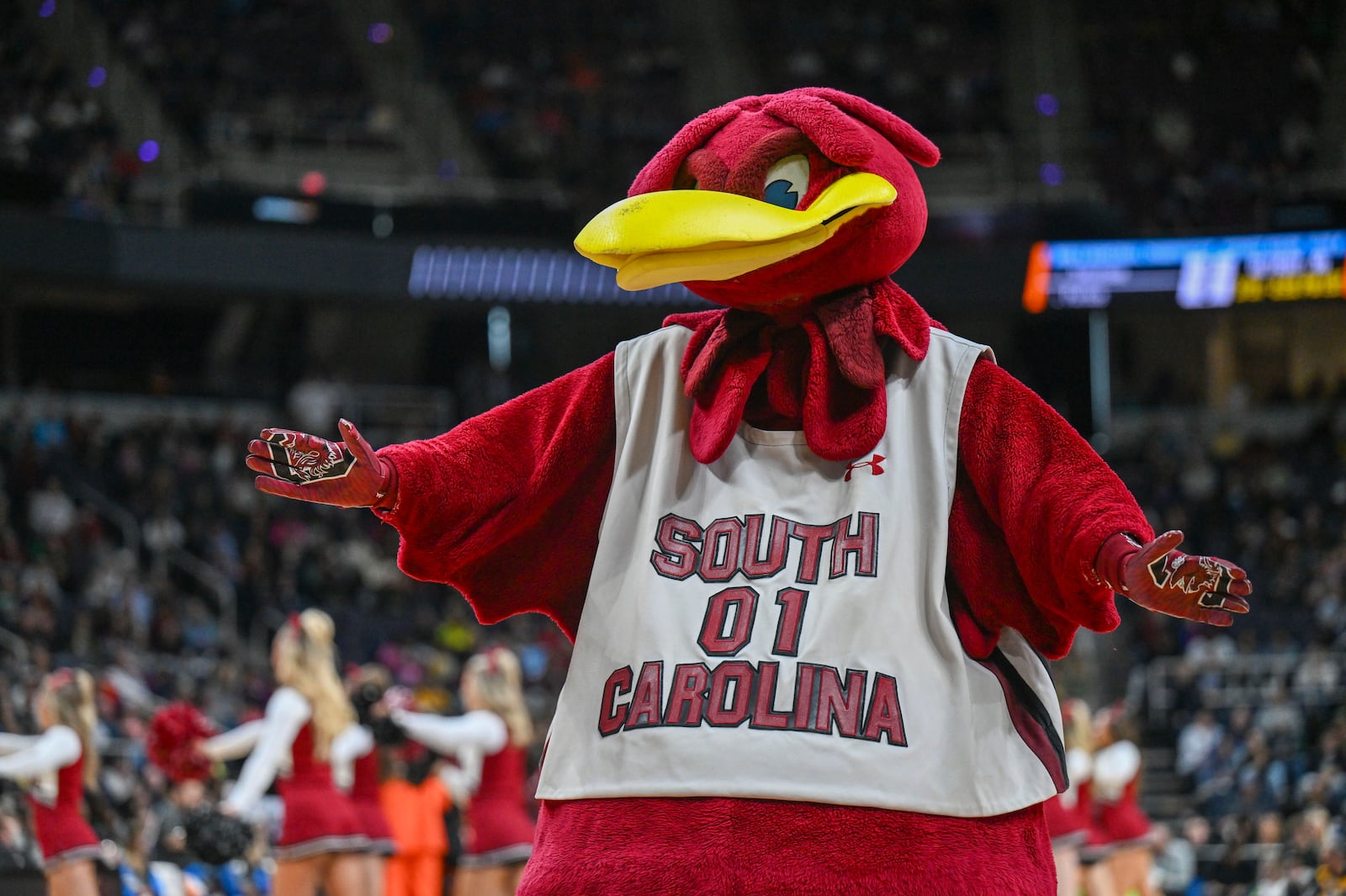 The South Carolina mascot performs during the first half of a Elite Eight college basketball game against Oregon in the NCAA Tournament in Albany, N.Y. Sunday, March 31, 2024. (AP Photo/Hans Pennink)