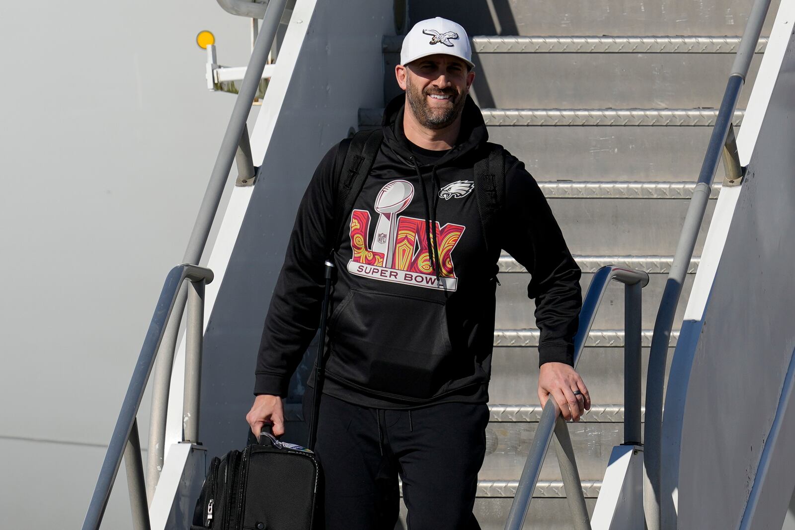 Philadelphia Eagles head coach Nick Sirianni arrives at New Orleans international airport, Sunday, Feb. 2, 2025, in Kenner, La. ahead of the NFL Super Bowl 59 football game between the Philadelphia Eagles and the Kansas City Chiefs. (AP Photo/David J. Phillip)