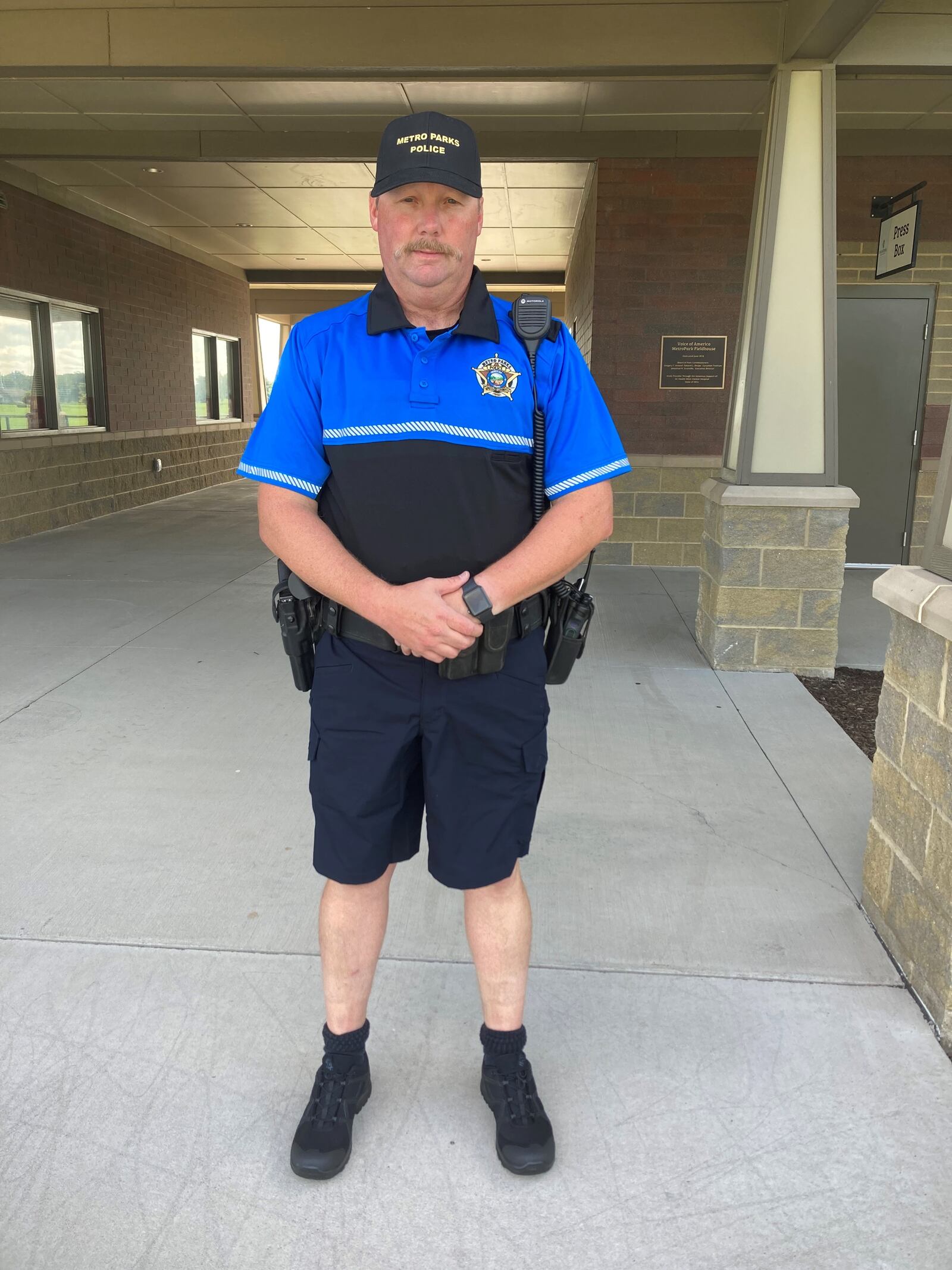 MetroParks of Butler County’s rangers are now patrolling the parks as MetroParks Police. The latest stage in the division’s rebranding is the debut of new officer uniforms, which are a change from ranger brown to police blue. Pictured is Lt. Rusty Riegler in MetroParks’ new bike police uniform. CONTRIBUTED