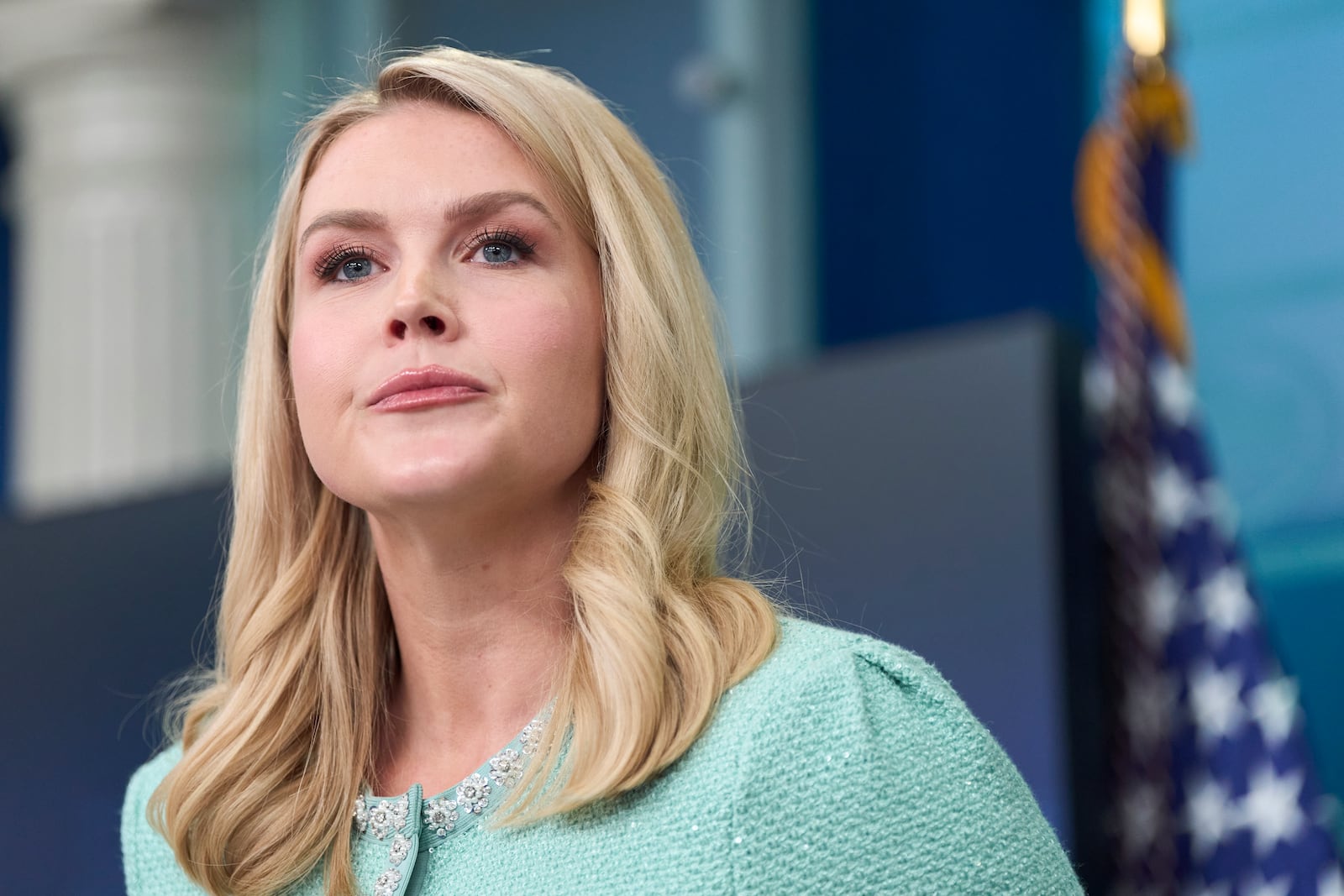 White House press secretary Karoline Leavitt speaks with reporters in the James Brady Press Briefing Room at the White House, Tuesday, March 11, 2025, in Washington. (AP Photo/Alex Brandon)