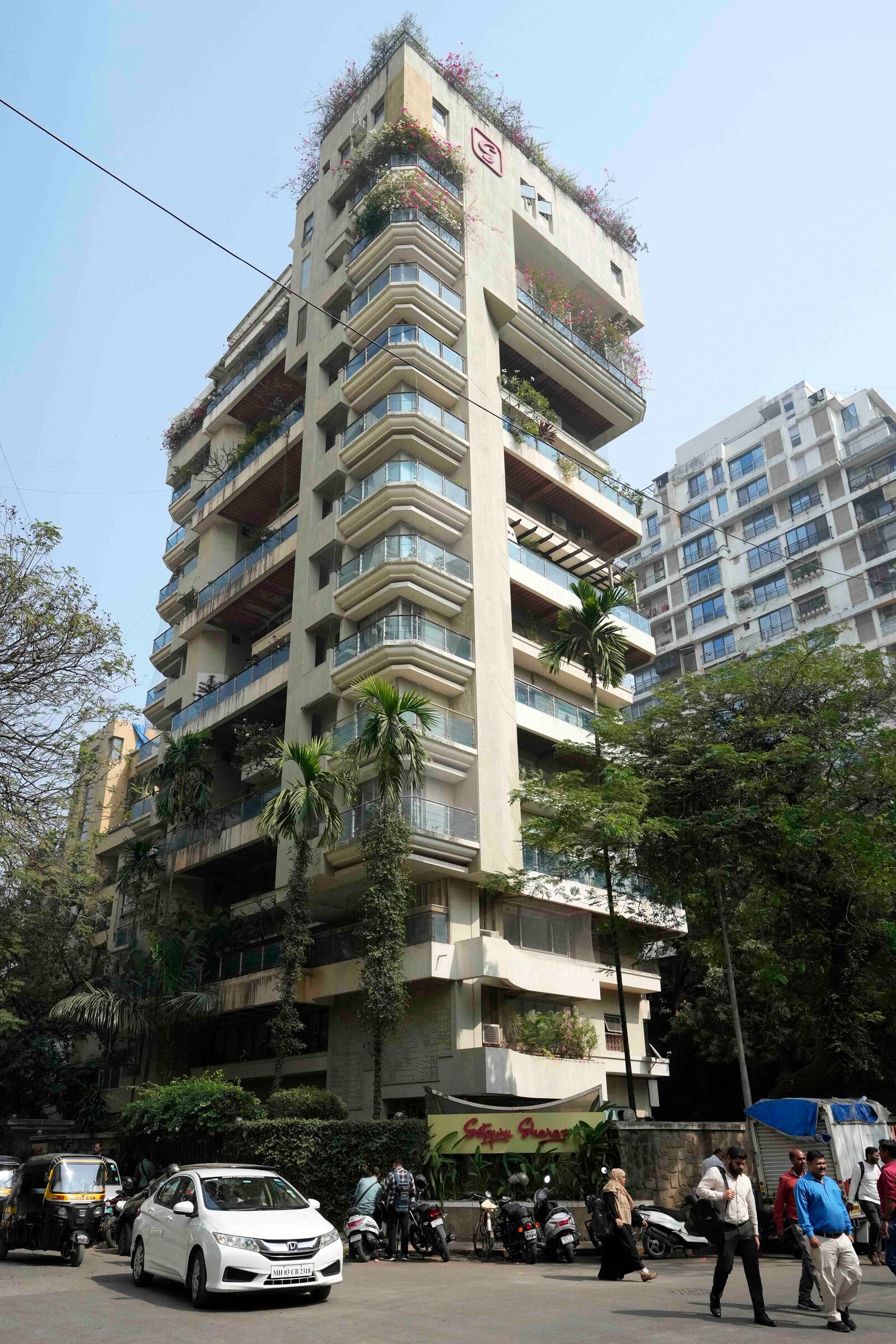 The residential building that houses the home of Bollywood actor Saif Ali Khan where he was stabbed following a scuffle with an intruder in Mumbai, Thursday, Jan. 16, 2025. (AP Photo/Rajanish Kakade)