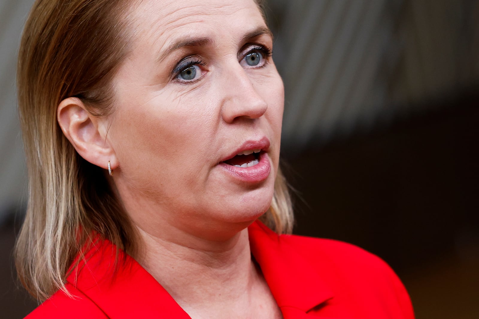 Denmark's Prime Minister Mette Frederiksen talks to journalists during an EU summit in Brussels, Thursday, Oct. 17, 2024. (AP Photo/Geert Vanden Wijngaert)