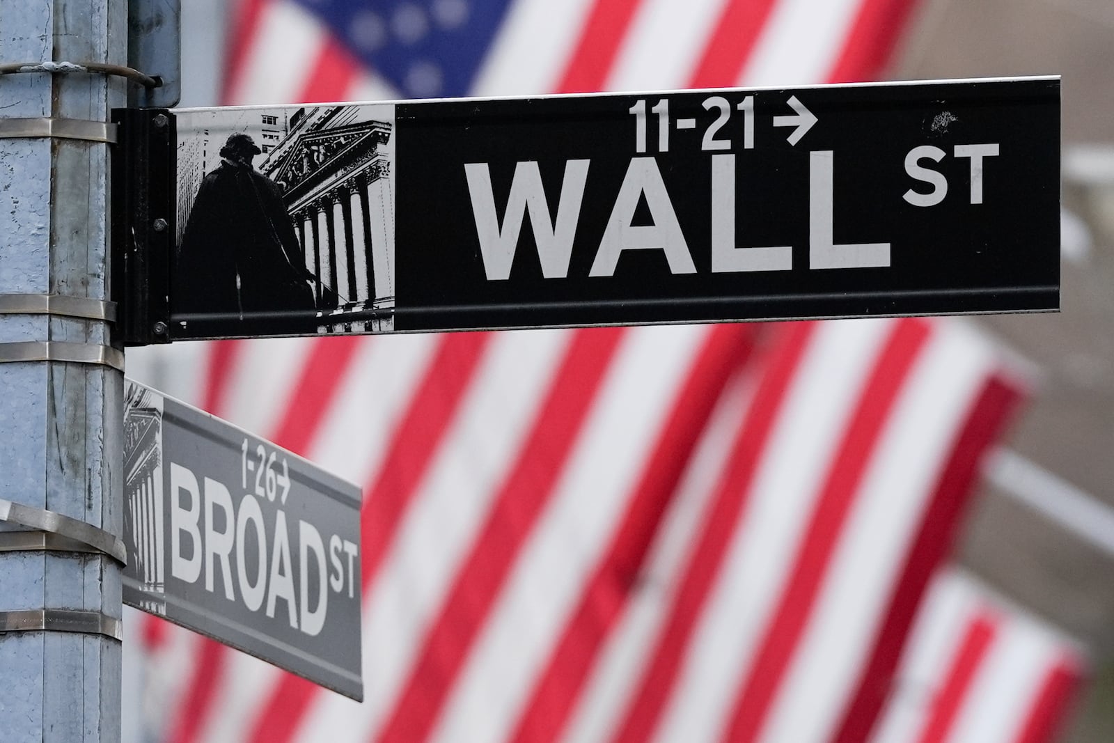 FILE - A sign outside the New York Stock Exchange marks the intersection of Wall and Broad Streets, Tuesday, Jan. 28, 2025, in New York. (AP Photo/Julia Demaree Nikhinson, File)