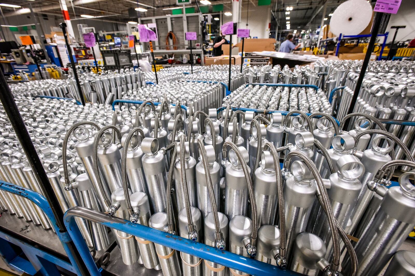 Shock absorber products are staged for the next stage of production Thursday, April 20 at ThyssenKrupp Bilstein in Hamilton. 