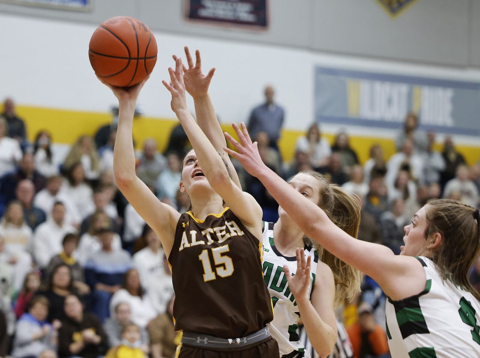 Archbishop Alter's Riley Smith goes to the hoop during their girls Division II regional final basketball game against Badin Friday, March 4, 2022 at Springfield High School in Springfield. Alter won 45-35. NICK GRAHAM/STAFF