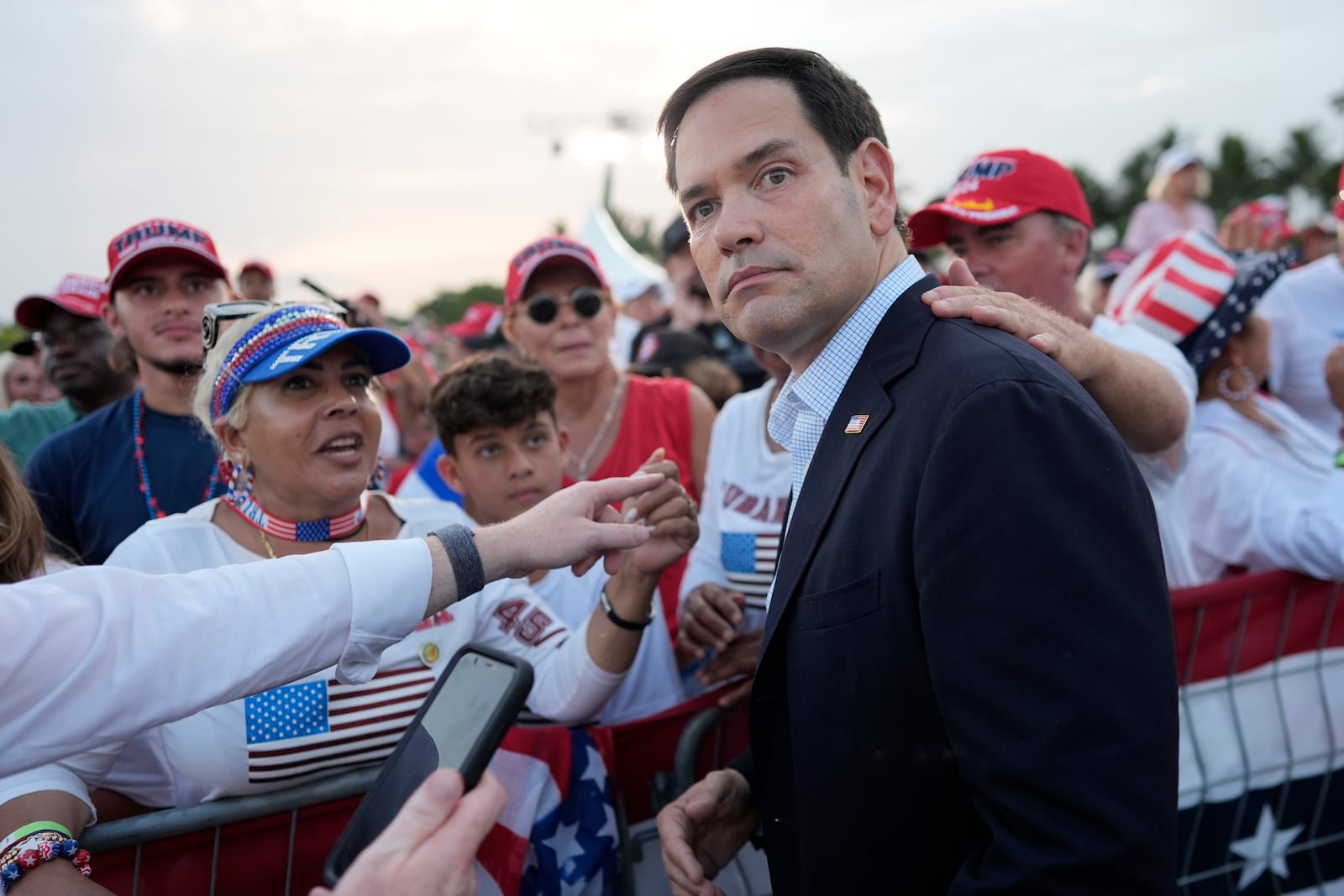 FILE - Sen. Marco Rubio, R-Fla., arrives before Republican presidential candidate former President Donald Trump speaks at a campaign rally in Doral, Fla., July 9, 2024. (AP Photo/Rebecca Blackwell, File)