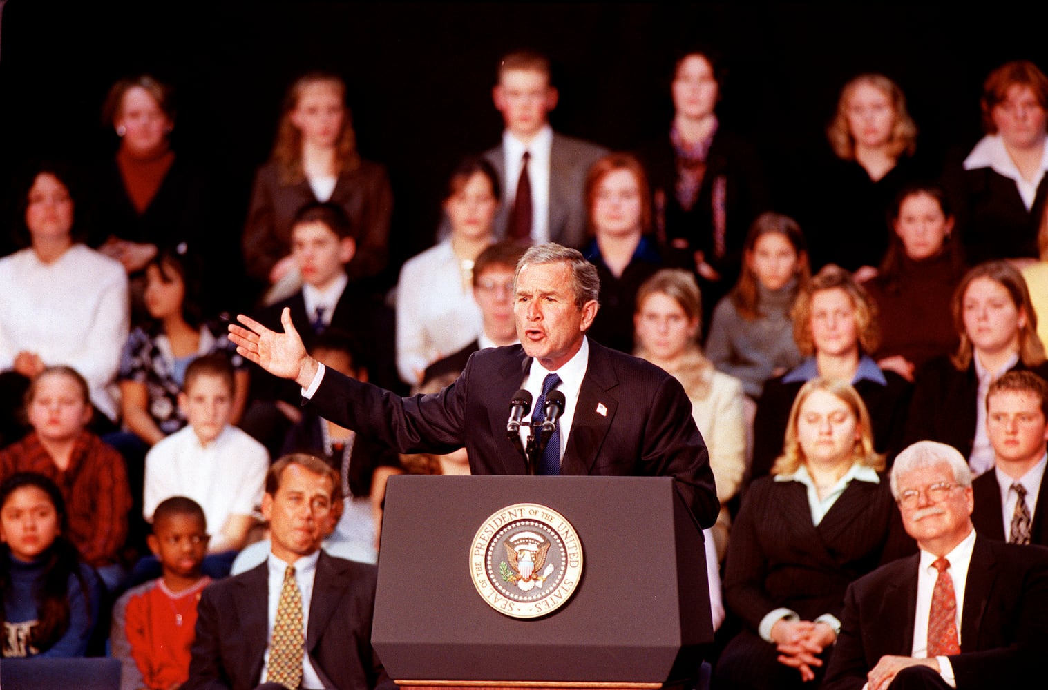 President George W. Bush signing No Child Left Behind Act at Hamilton High School Jan. 8, 2002.