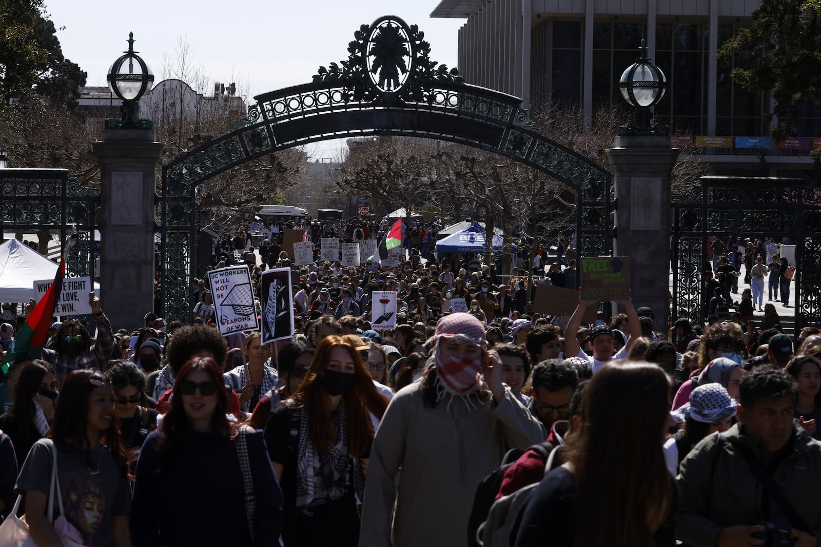 Protesters march on campus against the arrest of Mahmoud Khalil at UC Berkeley on Tuesday, March 11, 2025, in Berkeley, Calif. (Santiago Mejia/San Francisco Chronicle via AP)