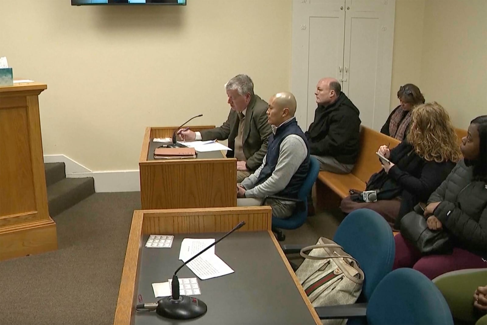 In this screengrab made from video provided by WSYX/WTTE, Bruce Reginald Foster III, not pictured, the man accused in a shooting at a New Albany, Ohio, warehouse, made an initial court appearance Thursday, Feb. 6, 2025, with bond set at $20 million. (WSYX/WTTE via AP)