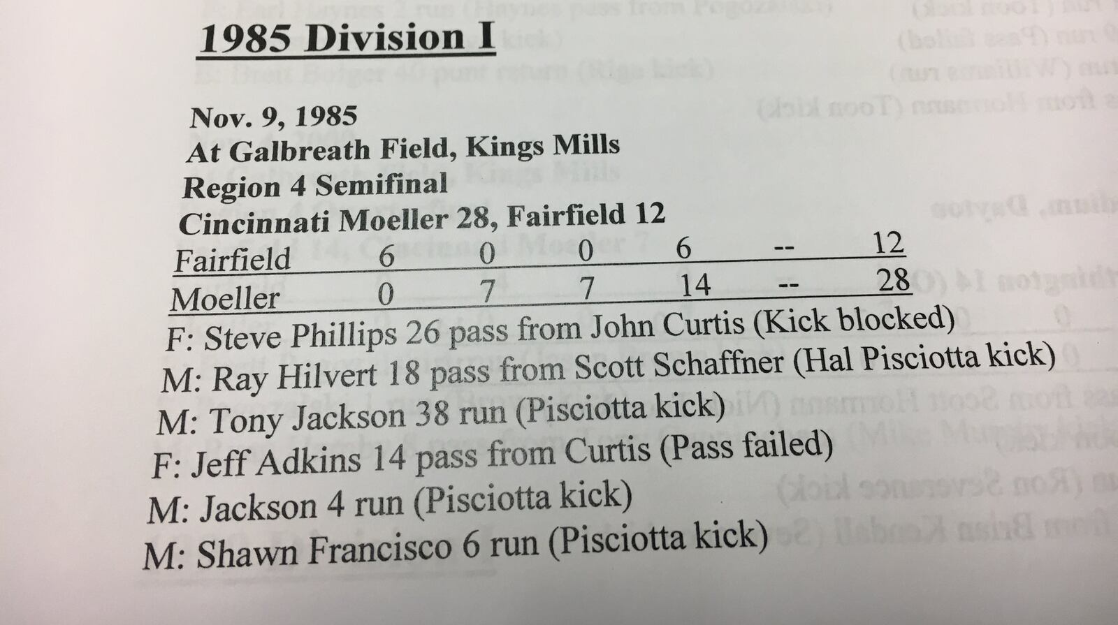 Here’s the box score from the first football playoff game in Fairfield High School history on Nov. 9, 1985.