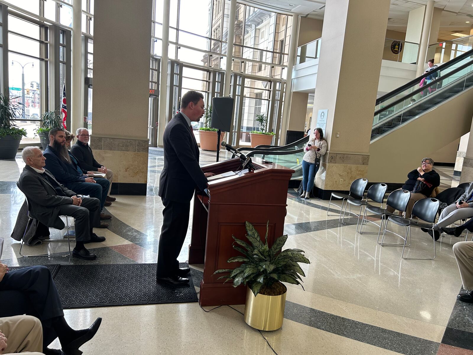 State Rep. Thomas Hall (R-Madison Twp.) talks about the access road that will be built in St. Clair Twp. in Butler County during a press conference Monday morning. RICK McCRABB/STAFF