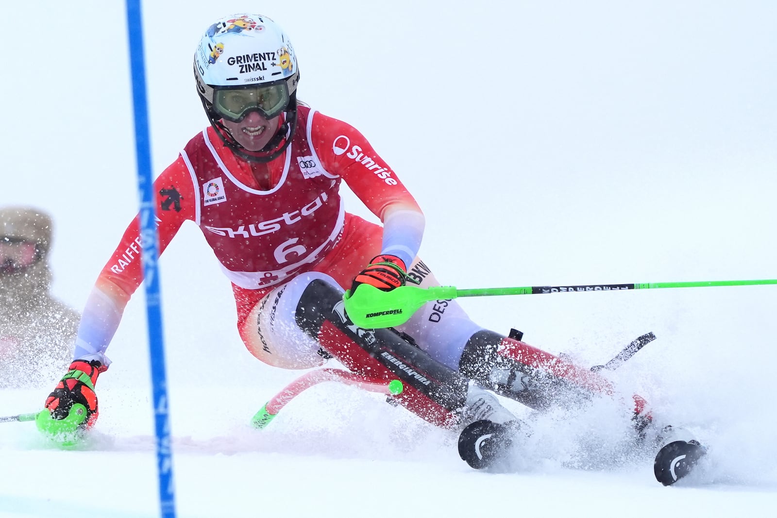 Switzerland's Camille Rast speeds down the course during an alpine ski, women's World Cup slalom in Are, Sweden, Sunday, March 9, 2025. (AP Photo/Giovanni Auletta)