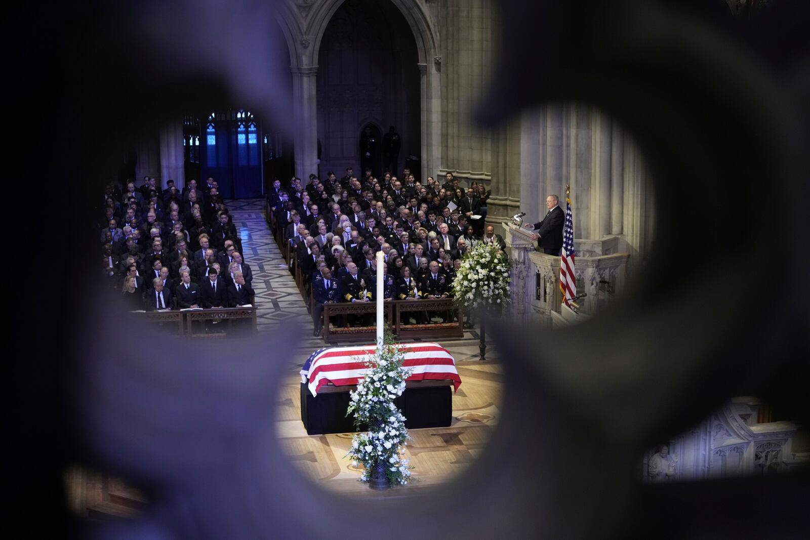 Ted Mondale, son of the late former Vice President Walter Mondale, speaks a tribute written by his father, during the state funeral for former President Jimmy Carter at Washington National Cathedral in Washington, Thursday, Jan. 9, 2025. (AP Photo/Ben Curtis)