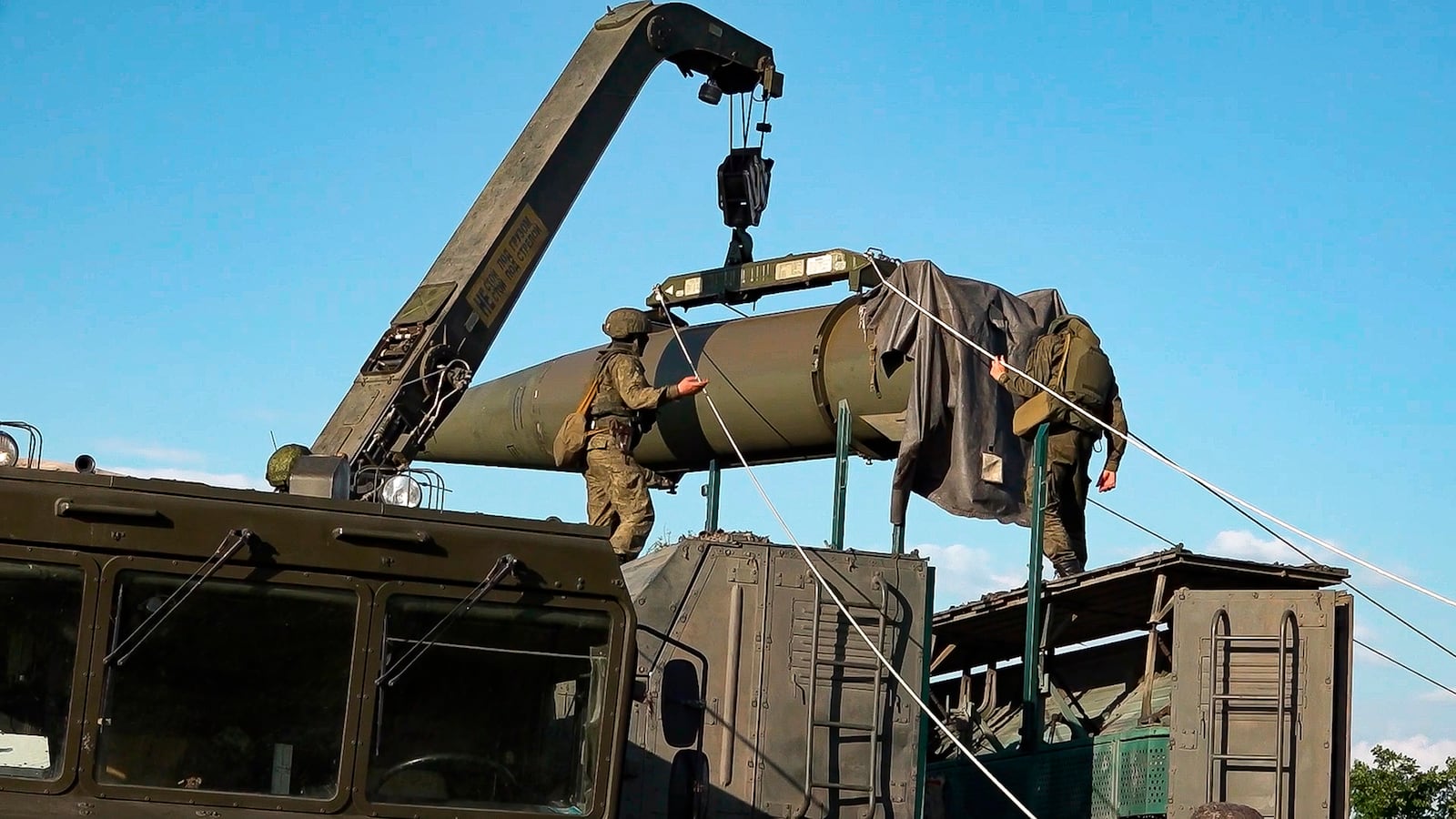 FILE - In this photo released by Russian Defense Ministry Press Service on May 21, 2024, Russian troops load an Iskander missile as part of drills to train the military for using tactical nuclear weapons at an undisclosed location in Russia. (Russian Defense Ministry Press Service via AP, File)