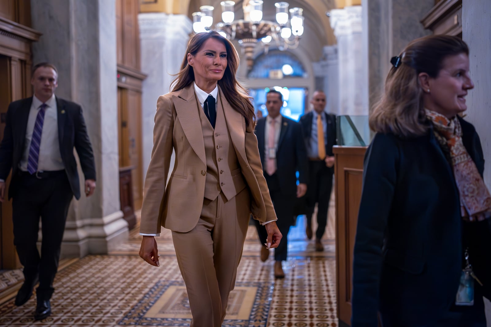 First lady Melania Trump arrives at the Capitol in Washington, to lend her support to an online safety bill, Monday, March 3, 2025. (AP Photo/J. Scott Applewhite)