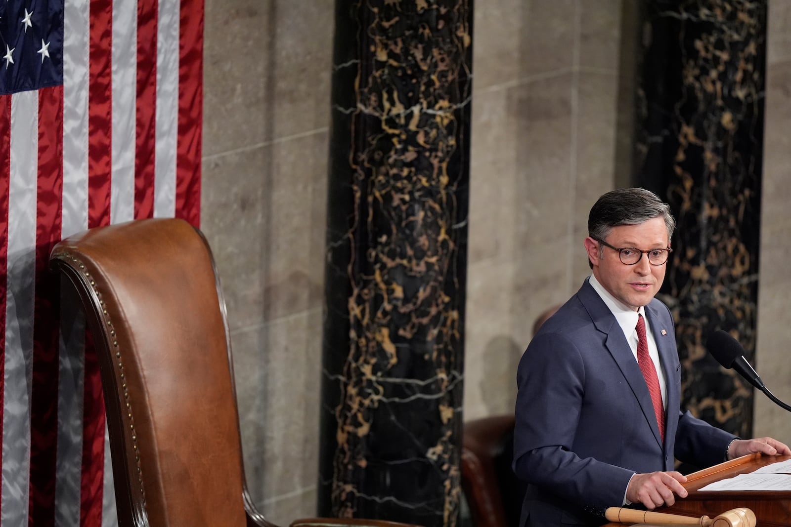 House Speaker Mike Johnson, R-La., speaks after being re-elected as the House of Representatives meets to elect a speaker and convene the new 119th Congress at the Capitol in Washington, Friday, Jan. 3, 2025. (AP Photo/Mark Schiefelbein)