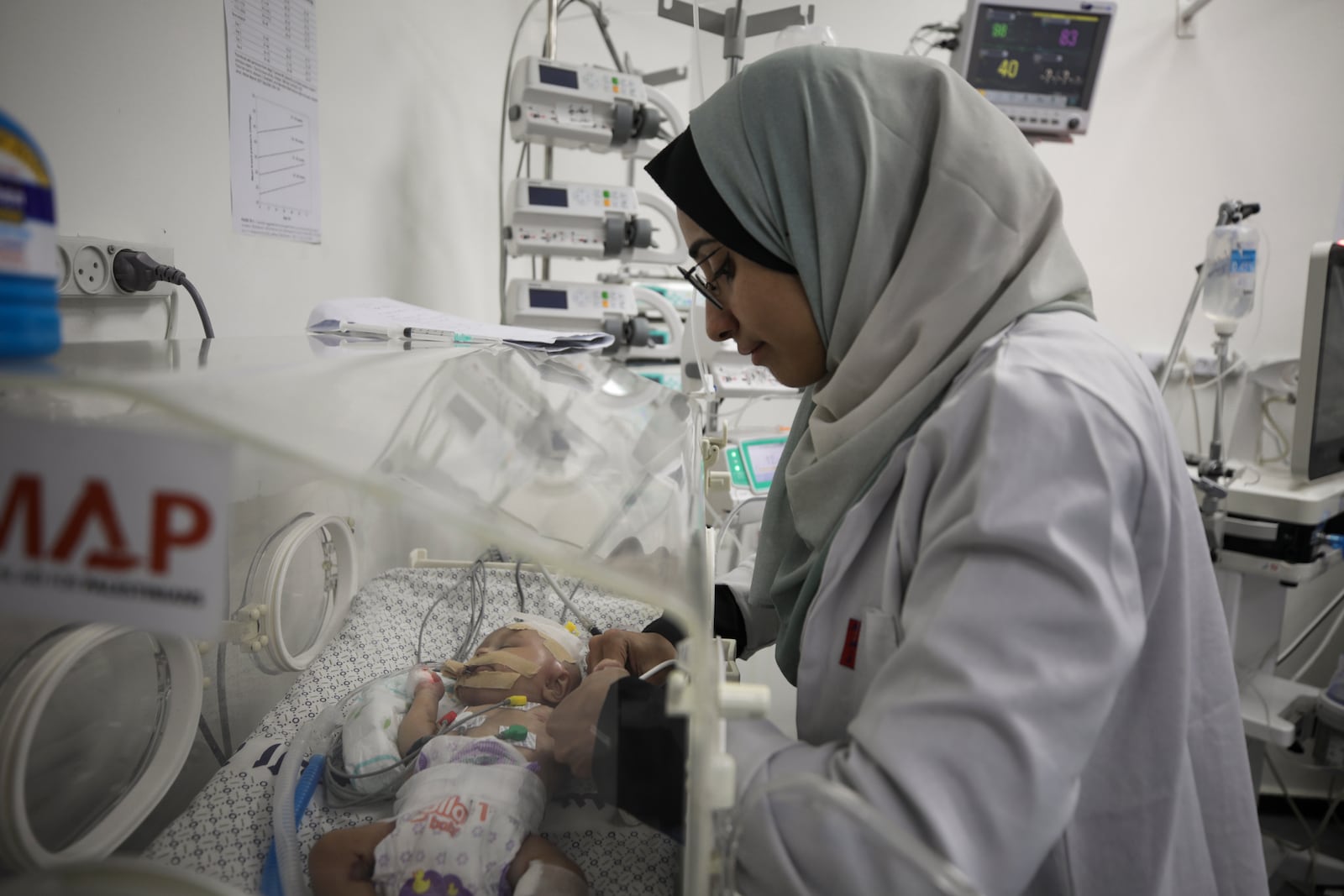 A two-month-old Palestinian baby, Eila Sarsak, receives treatment in an incubator at the Patient Friends Hospital in Gaza City, where she has been in intensive care for ten days due to the effects of the cold weather, on Tuesday, Feb. 25, 2025. (AP Photo/Jehad Alshrafi)