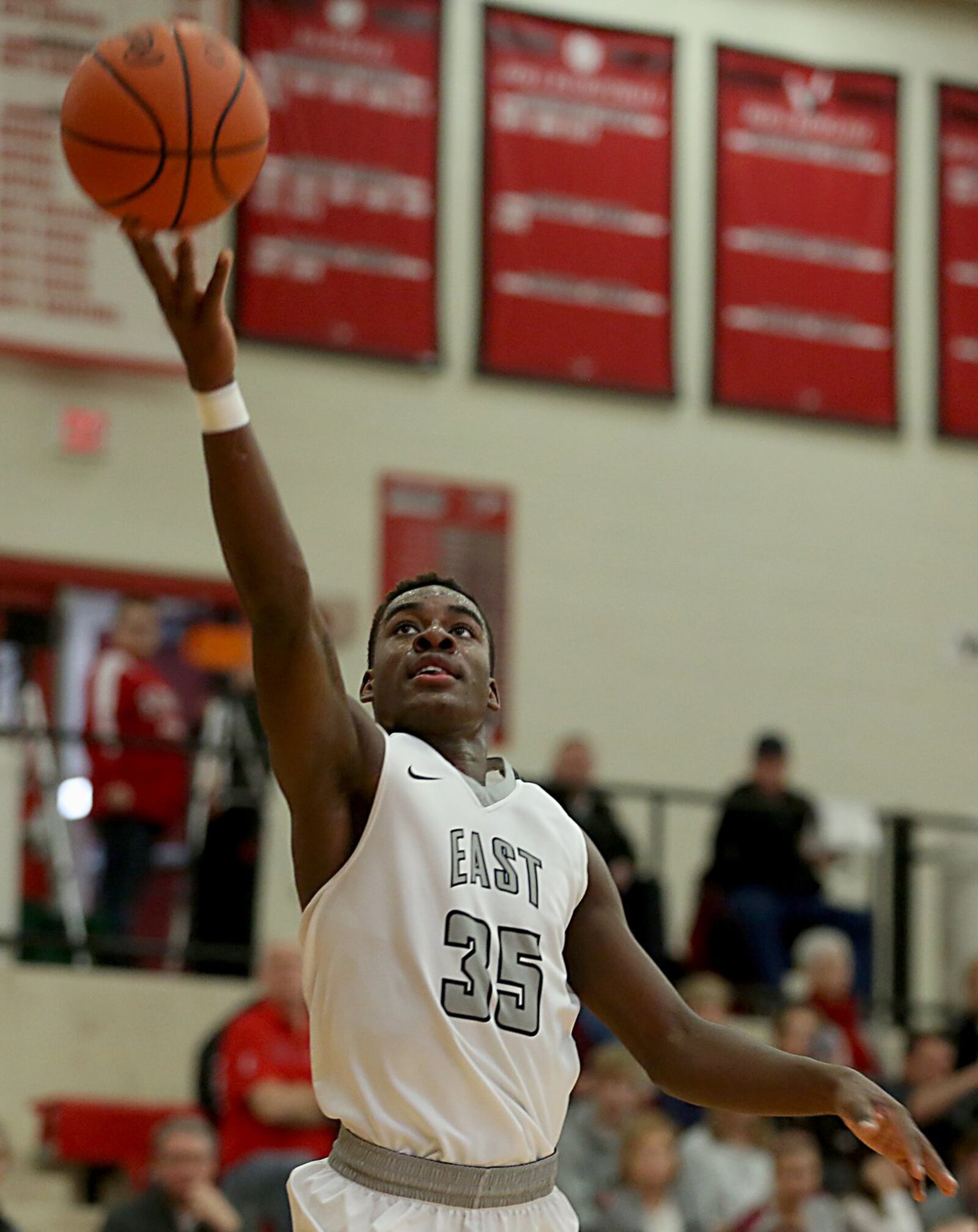 Lakota East guard Jarrett Cox elevates toward the basket Wednesday night during a Division I sectional game against Kings at Lakota West. CONTRIBUTED PHOTO BY E.L. HUBBARD