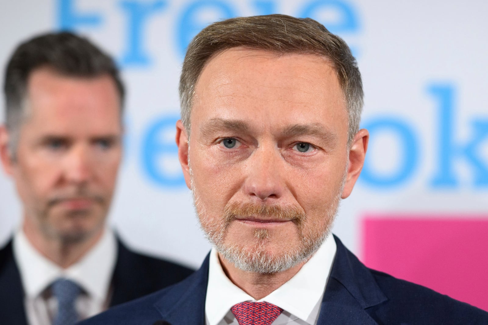 Christian Lindner, leader of the Free Democratic Party (FDP), delivers a speech after first projections are announced after the national election in Berlin, Germany, Sunday, Fe. 23, 2025. (Bernd von Jutrczenka/dpa via AP)