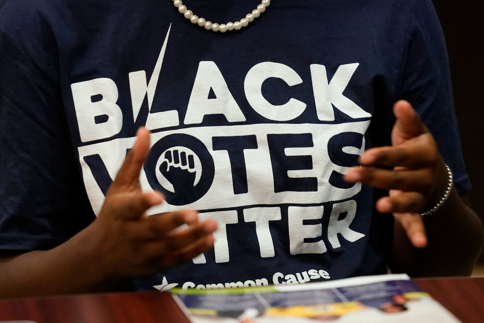 Bennett College student Zairen Jackson gestures as she answers a question during a roundtable in Greensboro, N.C., Tuesday, Oct. 8, 2024. (AP Photo/Chuck Burton)