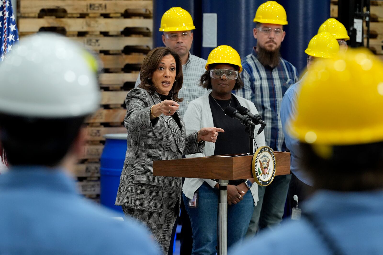 Democratic presidential nominee Vice President Kamala Harris speaks after taking a tour of the Hemlock Semiconductor Next-Generation Finishing facility in Hemlock, Mich., Monday, Oct. 28, 2024. (AP Photo/Jacquelyn Martin)