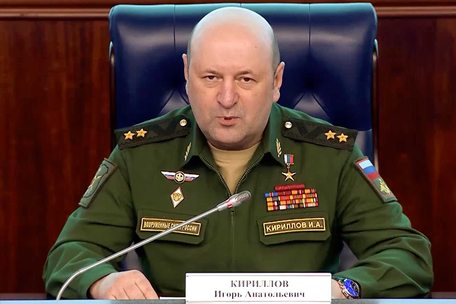 FILE - In this photo taken from video released by Russian Defense Ministry Press Service on Feb. 28, 2023, the head of the radiation, chemical and biological defense troops of the Russian Armed Forces Lt. Gen. Igor Kirillov speaks during a briefing in Moscow, Russia. (Russian Defense Ministry Press Service via AP, File)