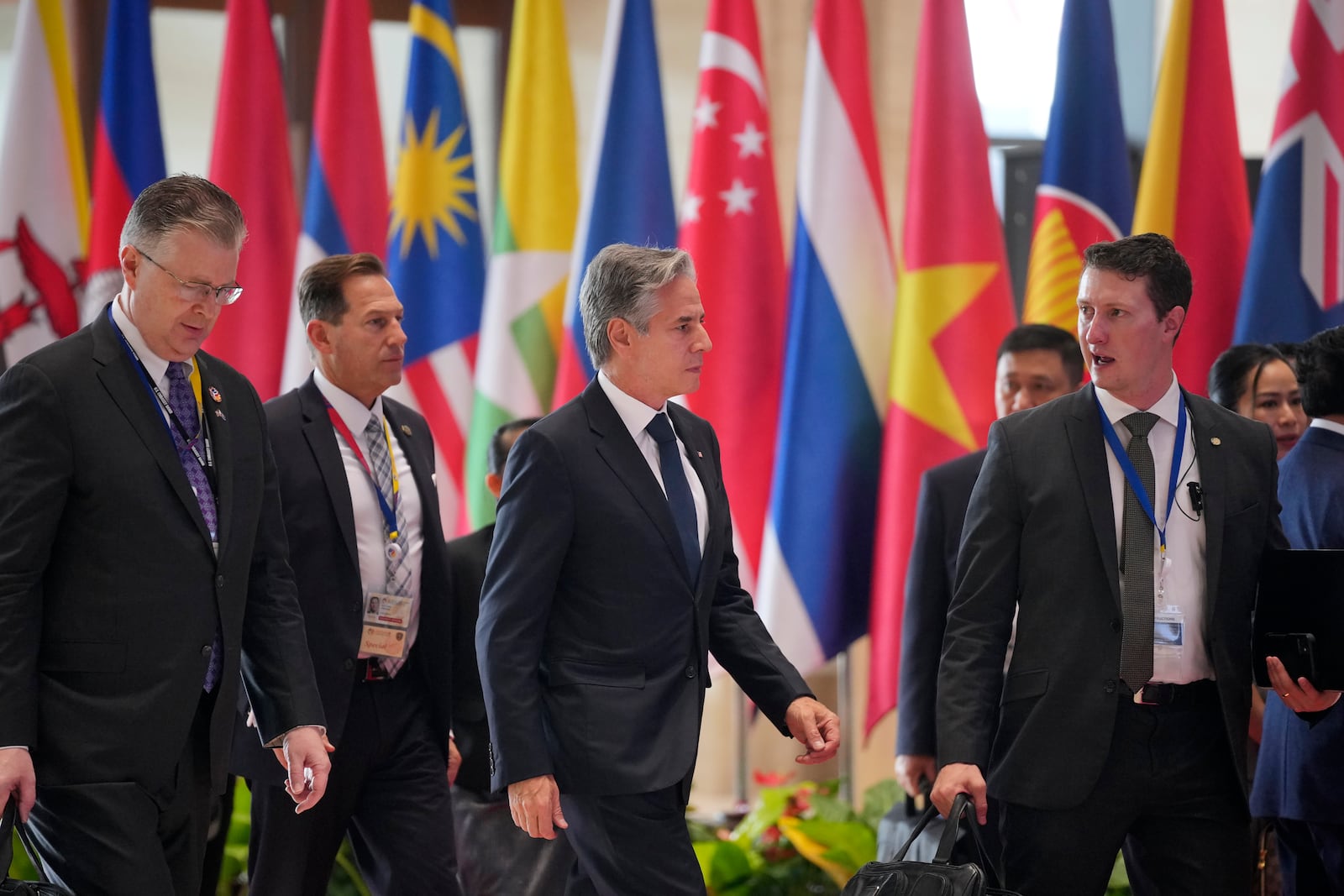 U.S. Secretary of State Antony Blinken, center, arrives during the 12th Association of Southeast Asian Nations (ASEAN) -U.S. Summit in Vientiane, Laos, Friday, Oct. 11, 2024. (AP Photo/Dita Alangkara)