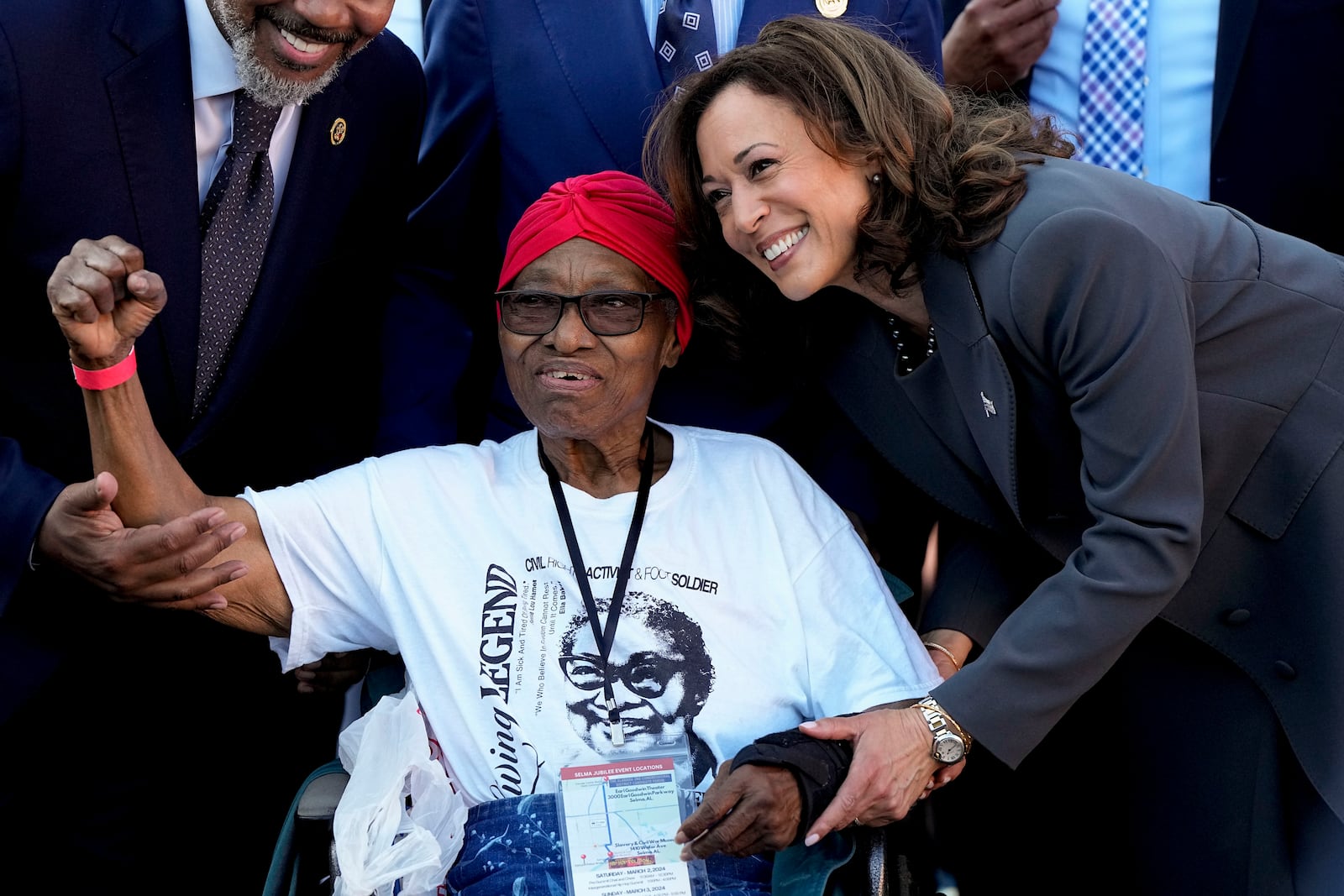 FILE - Annie Pearl Avery, left, poses for a photo with Vice President Kamala Harris before walking across the Edmund Pettus Bridge commemorating the 59th anniversary of the Bloody Sunday voting rights march in 1965, Sunday, March 3, 2024, in Selma, Ala. (AP Photo/Mike Stewart, File)