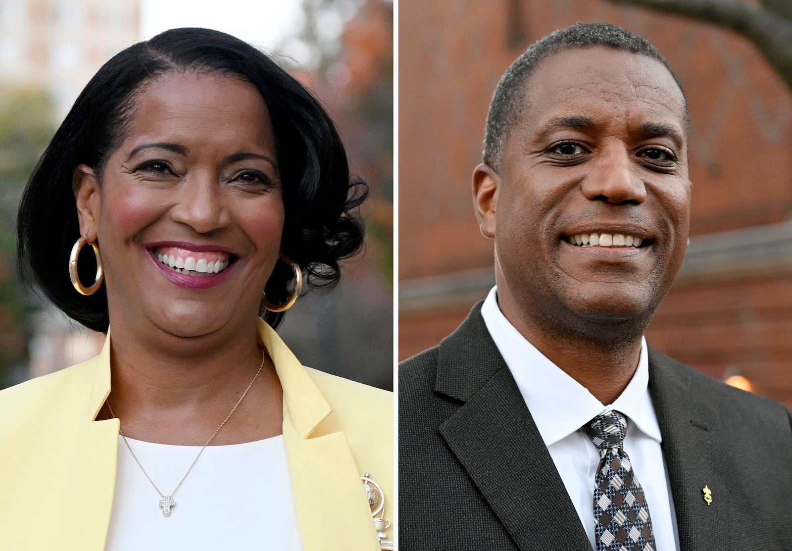 This combination of photos taken Oct. 18, 2022, in Waterbury, Conn. before a debate shows Rep. Jahana Hayes, D-Conn., left, and Republican House candidate George Logan. (AP Photo/Jessica Hill)