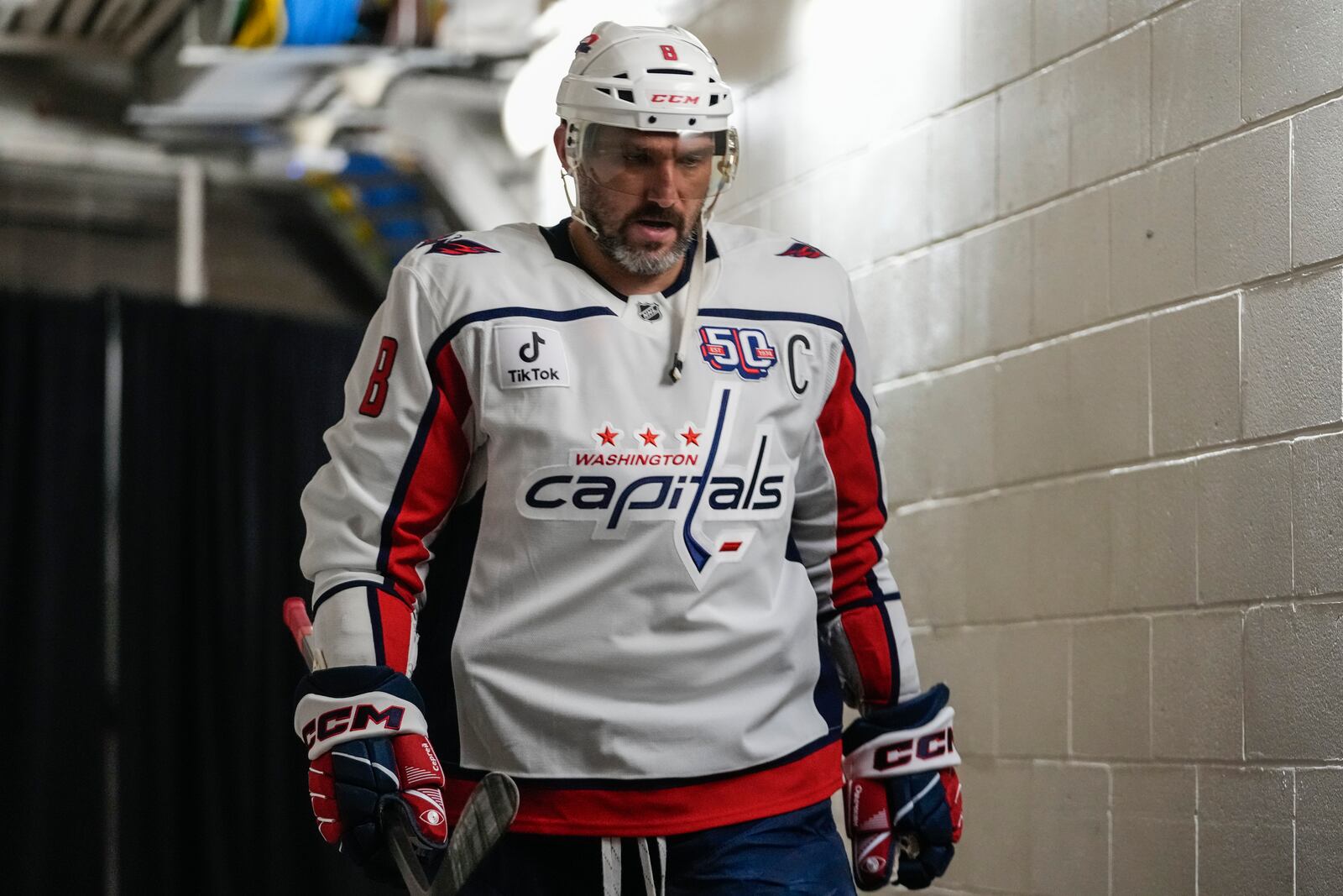 Washington Capitals' Alex Ovechkin (8) approaches the ice for the start of the second period of an NHL hockey game against the New York Rangers Wednesday, March 5, 2025, in New York. (AP Photo/Frank Franklin II)